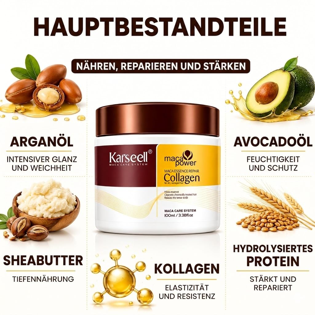 Karseell MACA CARE SYSTEM Set Haarmaske Kollagen 100ml + Arganöl-Serum 50ml Kokos Maca Tiefenreparatur Intensive Feuchtigkeit Anti Frizz Trockene Geschädigte Haare Professionelle Pflege Reisegröße