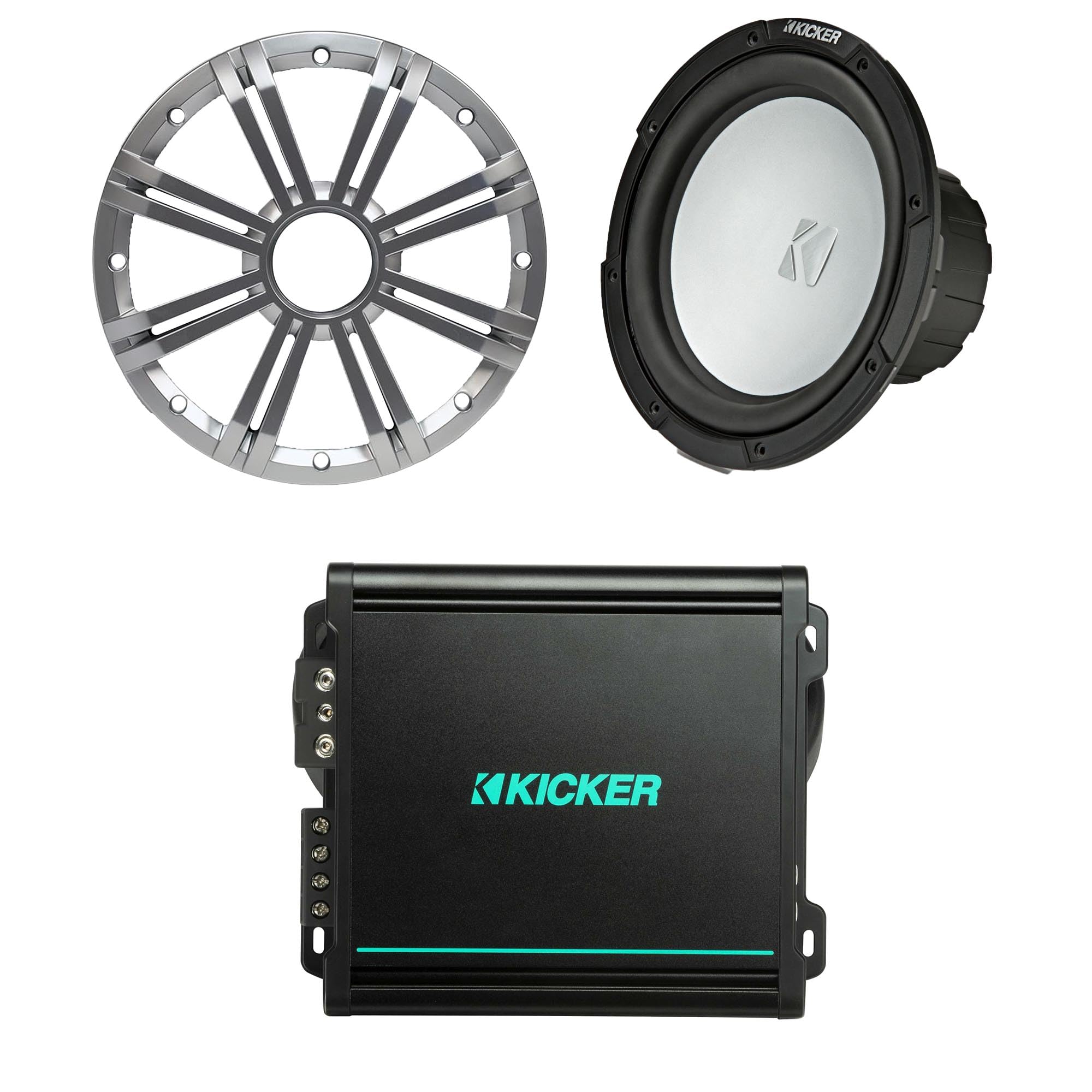 Kicker 10 Inch Marine Subwoofer (Silver) 800 Watt Amplifier Bundle
