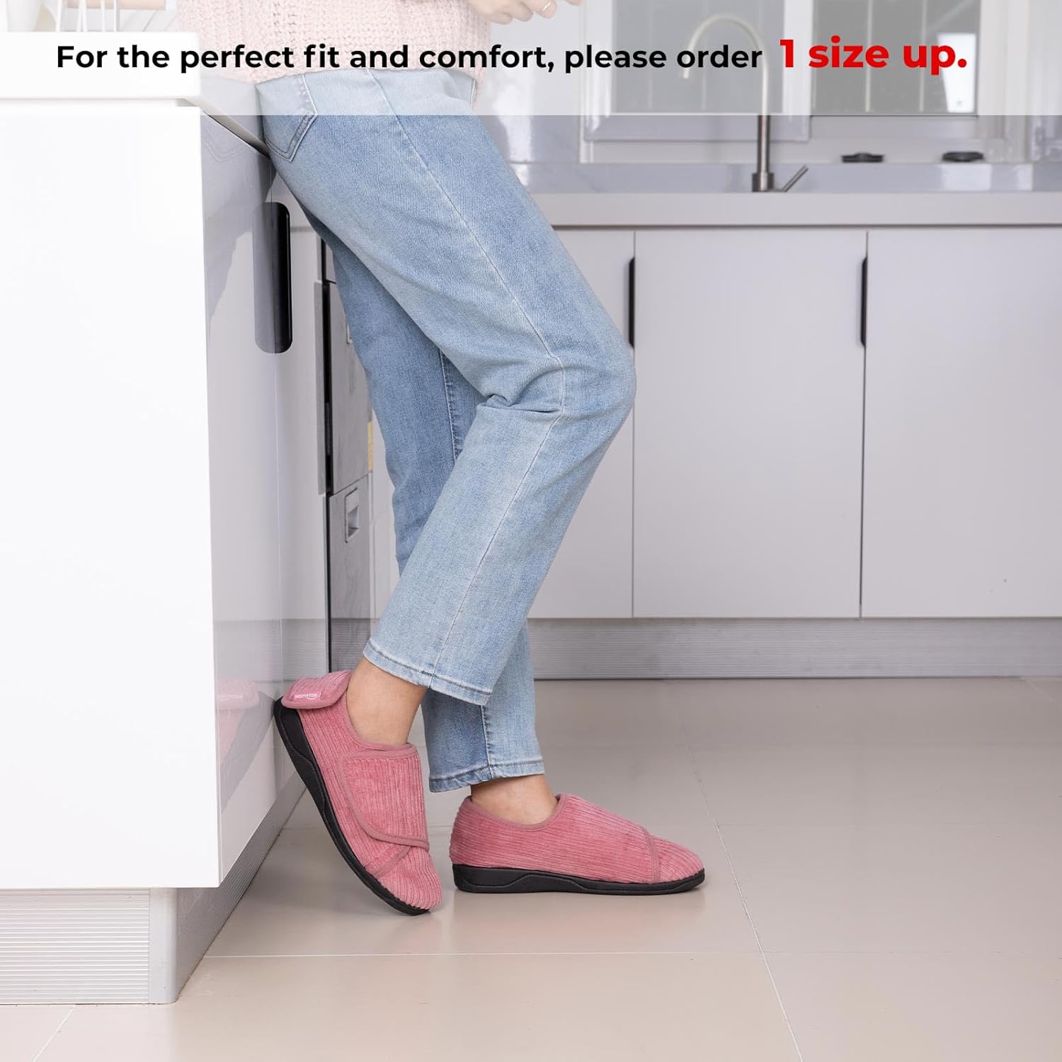 HomeTop Women's Corduroy Slippers Comfy Adjustable Hook and Loop Memory Foam Indoor Closed-back House Shoes for Diabetic Swollen Feet - Image 2