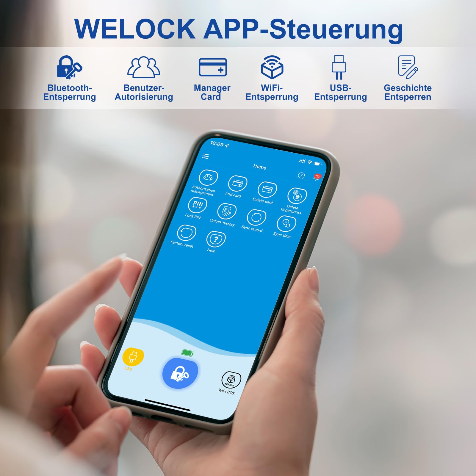 WELOCK Touch63 Türschloss Fingerabdruck,mit RFID Karte,APP,WiFi | Fingerabdruck Schloss haustür IP65,Elektronisches Türschloss Schließzylinder für Türen von 50-100mm,Smart Türschloss