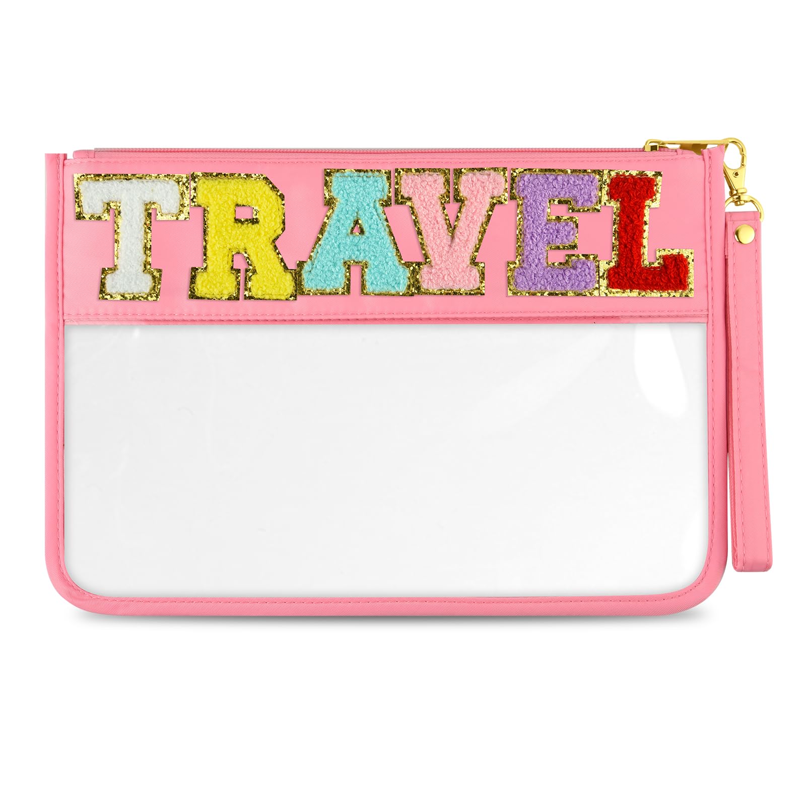 Morcheiong Chenille Letter Bag Cute Cosmetic Bag Clear Zipper Stuff Pouch Portable Multi-purpose PVC and Nylon Makeup Bag with Handle for Travel Gym