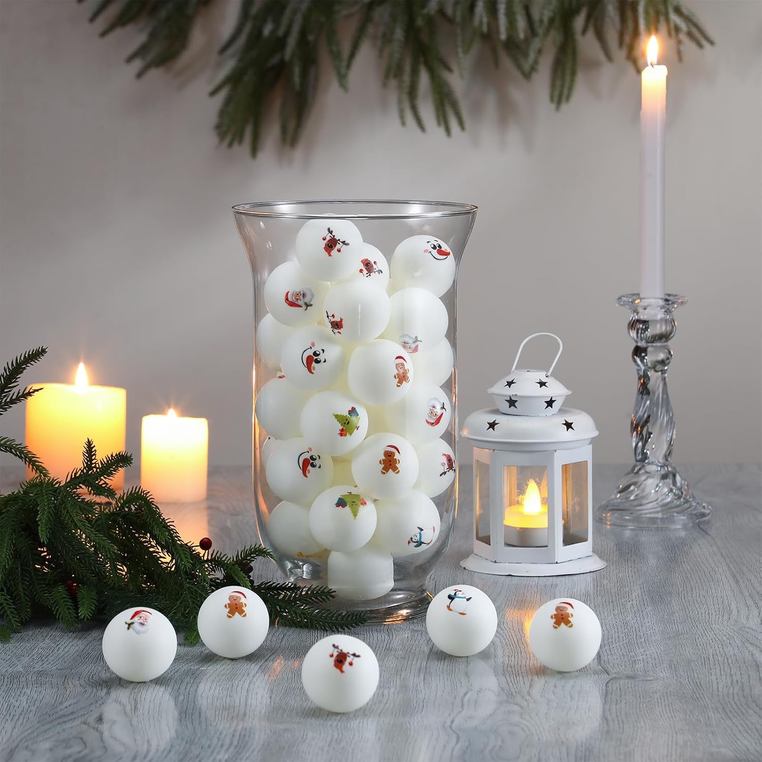 60 Pcs Christmas Table Tennis Balls Bulk 40mm Beer Table Tennis Santa Claus Christmas Tree Gingerbread Man Reindeer Snowman Penguin Beer Balls for Xmas Party Favors Playing Decoration Props