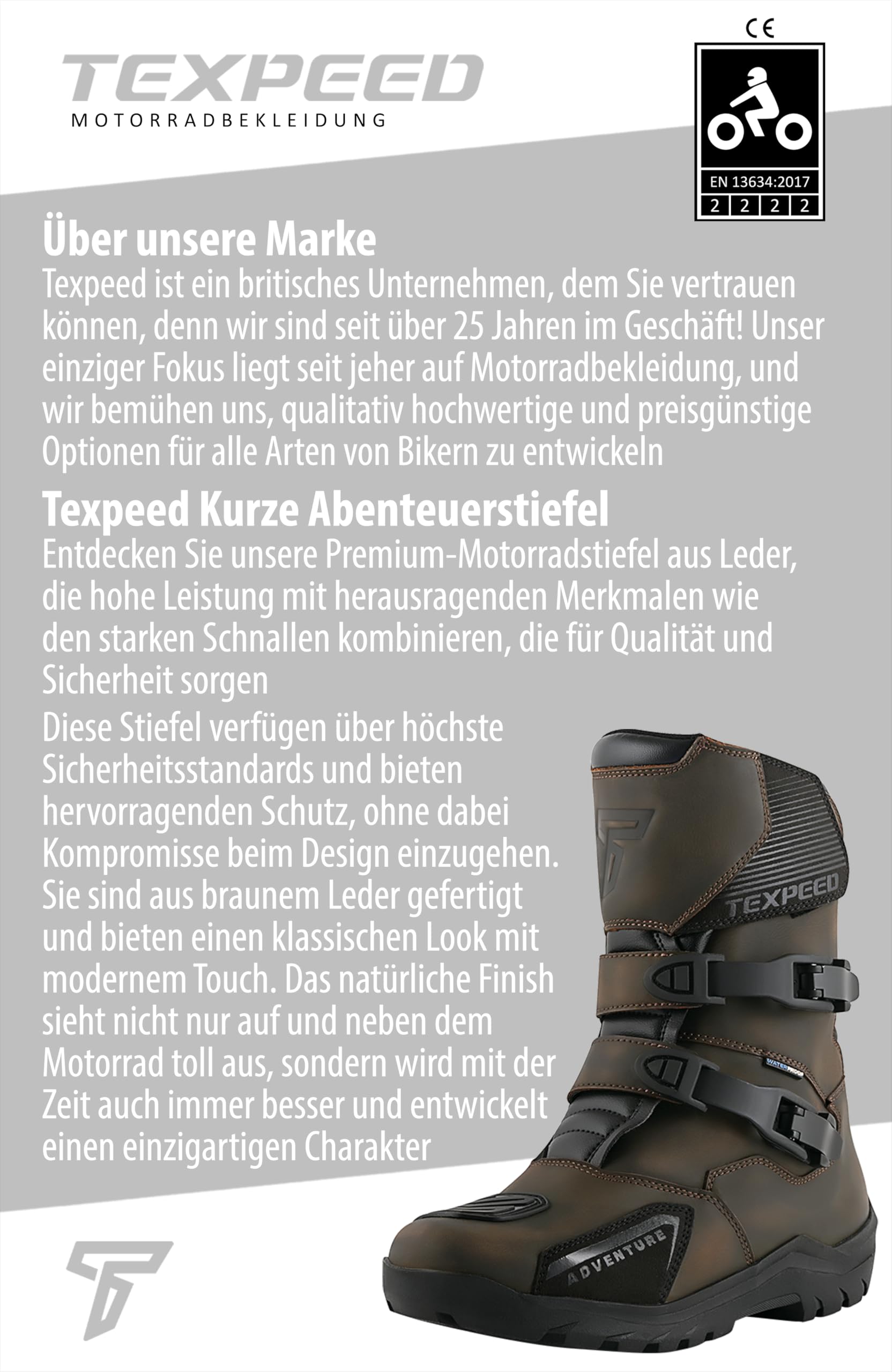 Texpeed Motorradstiefel Herren Leder – Vintage Pirates, 100% wasserdicht, kurzer Schaft, CE-geprüft, Touring-Bikerschuhe – Braun - EU 41