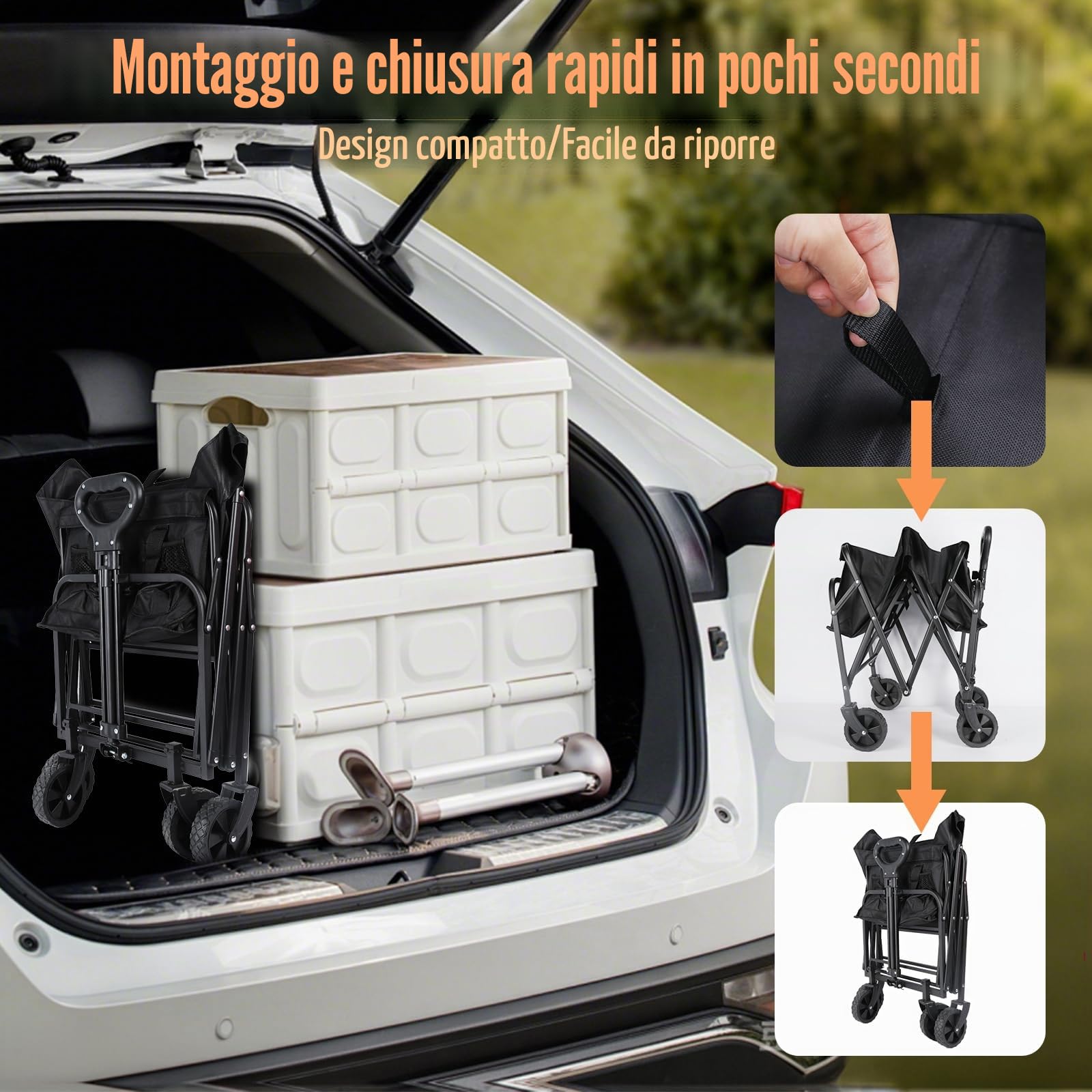 Carrello Spiaggia Portatutto 100L Pieghevole con Ruote Girevoli 360° Manico Regolabile 2 Tasche Portata 75 kg Campeggio Escursioni Spesa (Utensy Nero)
