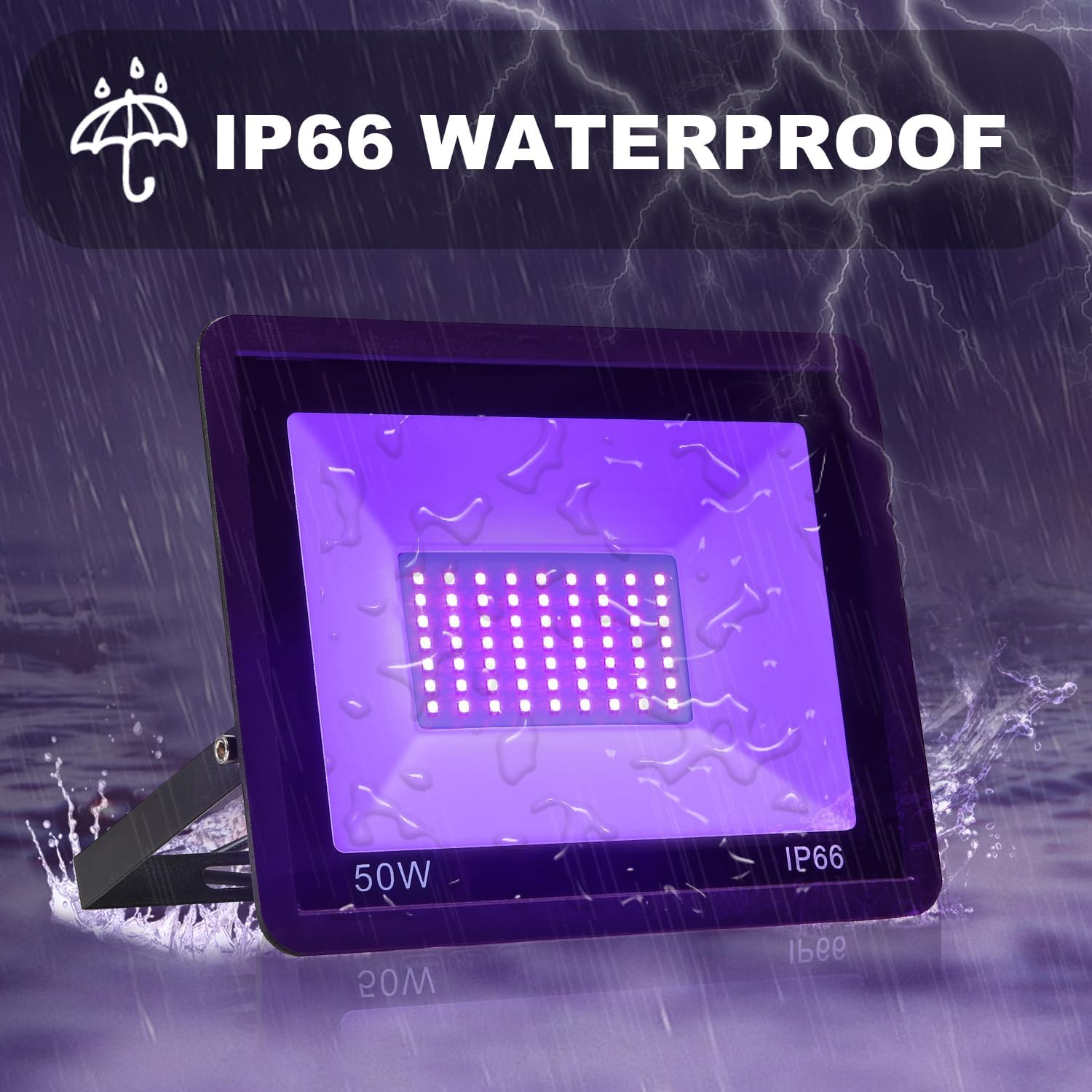 4 Pack 50W LED Black Lights, Flood Blacklight with Plug, IP66 Waterproof Outdoor UV Spotlight for Dance Party Large Space, Glow in The Dark, Halloween Lamp