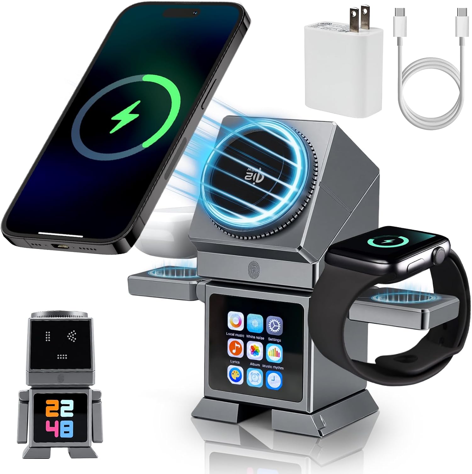 ModiTech 7 in 1 Wireless Charging Station for Apple-25W Qi2.2 Certified | Magnetic Magsafe Charger Stand for iPhone 17/16/15/14/13/12-Apple Watch-Airpods Series, Grey with Adapter