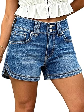Flamingals Mid Waist Denim Shorts for Women Wash Dual Button Split Studded Casual Summer Trendy Jean Shorts with Pockets