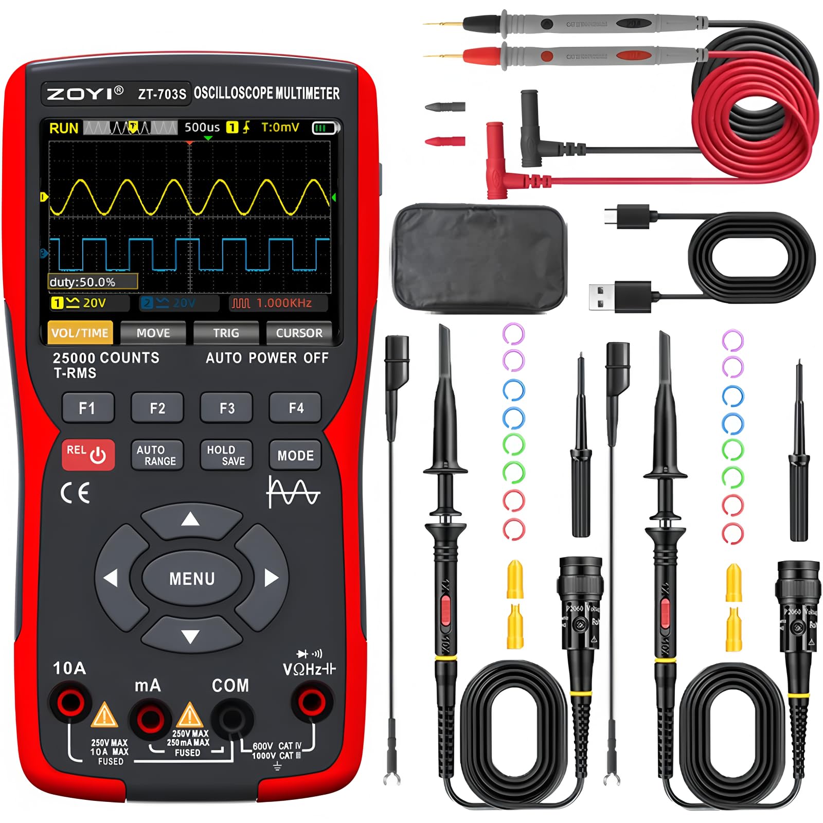 Schermo a colori palmare a doppio canale oscilloscopio Multimetro 703s strumento di riparazione auto misurazione multifunzione 3 in 1 (ZT-703S+sonda)