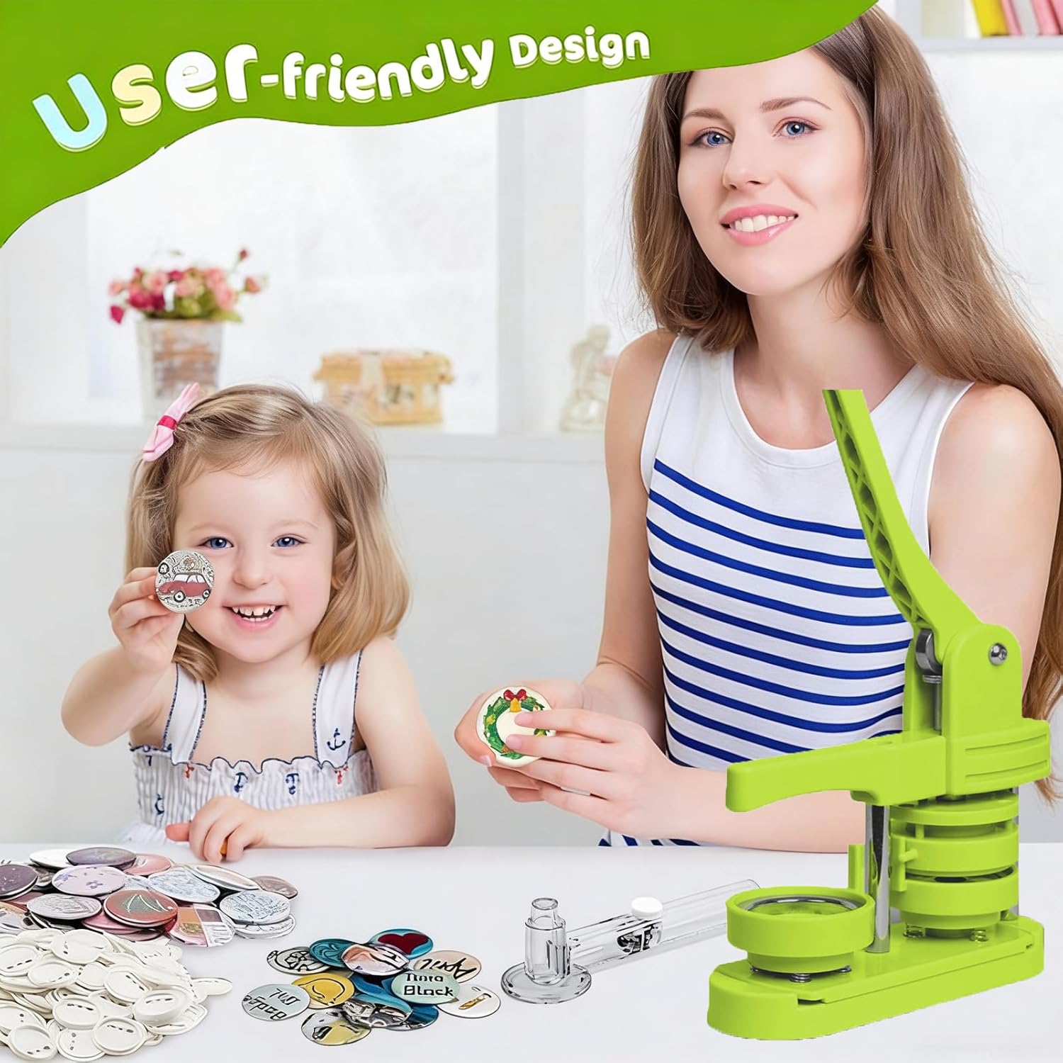 Button Maker Machine 58mm (2.25in), Professional Badge Making Kit with 50 Parts, No Installation DIY Badge Maker, Pin Press Machine, Kids Craft Kit for Crafts, Schools