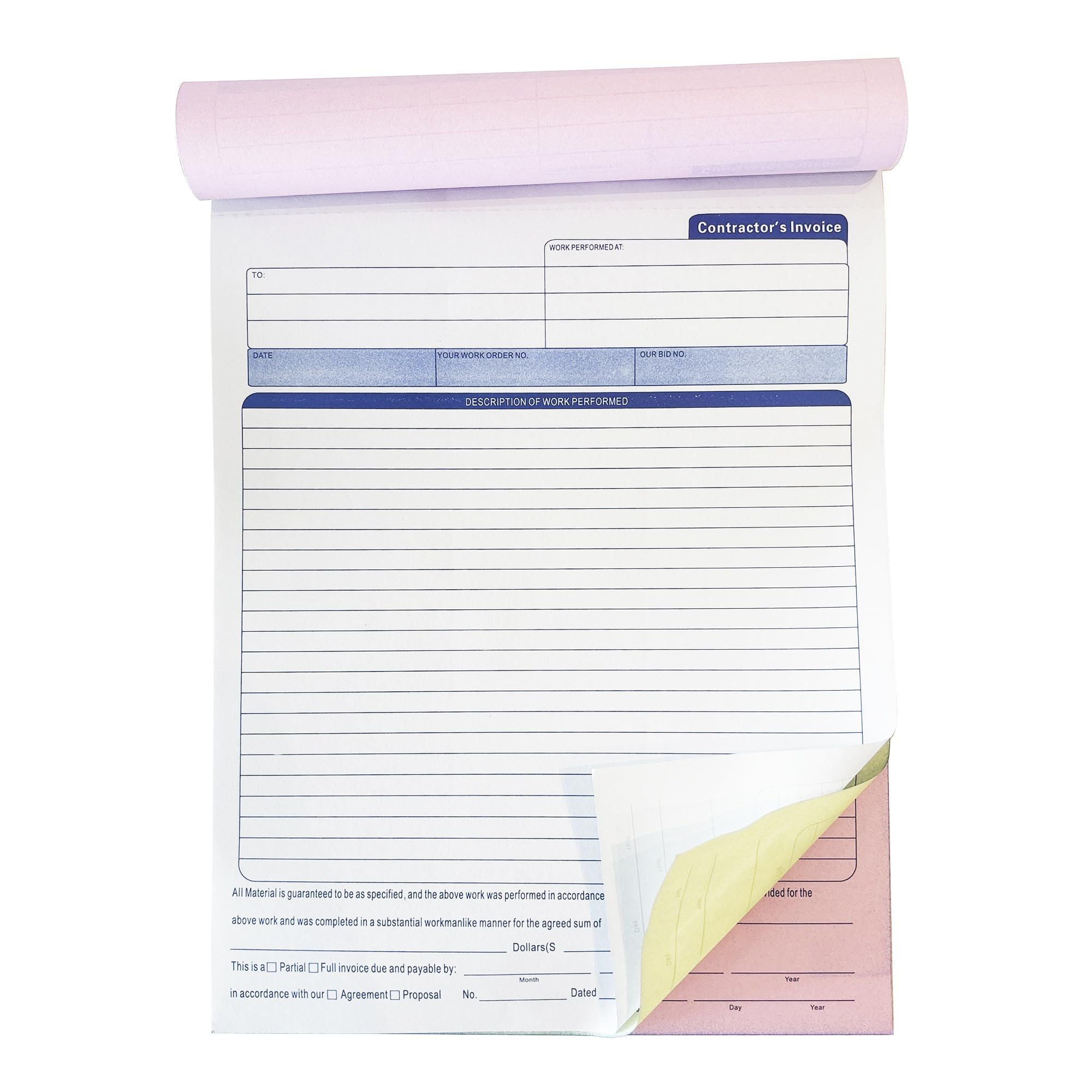 Rechnungsbuch für Bauunternehmer, 3-teilig, 21,6 x 29,1 cm, selbstdurchschreibend, mit weißen, gelben und rosa Kopien, Arbeitsauftrags-Belegbuch mit leeren Rechnungsblättern, 10 Stück