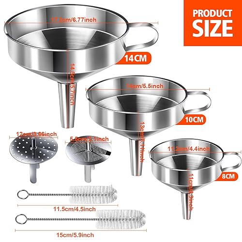 Miniatura 2 de YGDZ Embudo de acero inoxidable, 3 embudos de cocina para llenar botellas, embudo de metal grande de grado alimenticio con 3 coladores extraíbles, 2