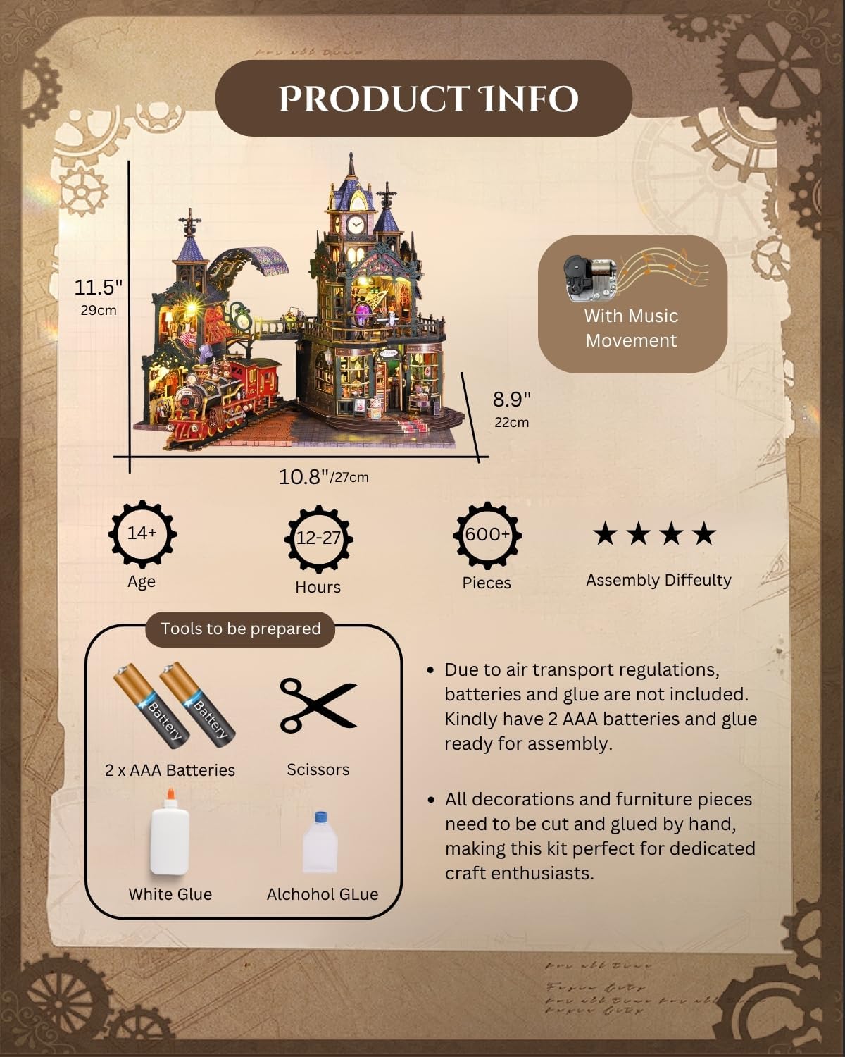 Steampunk Train Station DIY Miniature House Kit – Victorian Fantasy Railtrack Phantom City Dollhouse Kit – Wood 3D Puzzles Tiny House Book Nook Christmas Halloween Birthday
