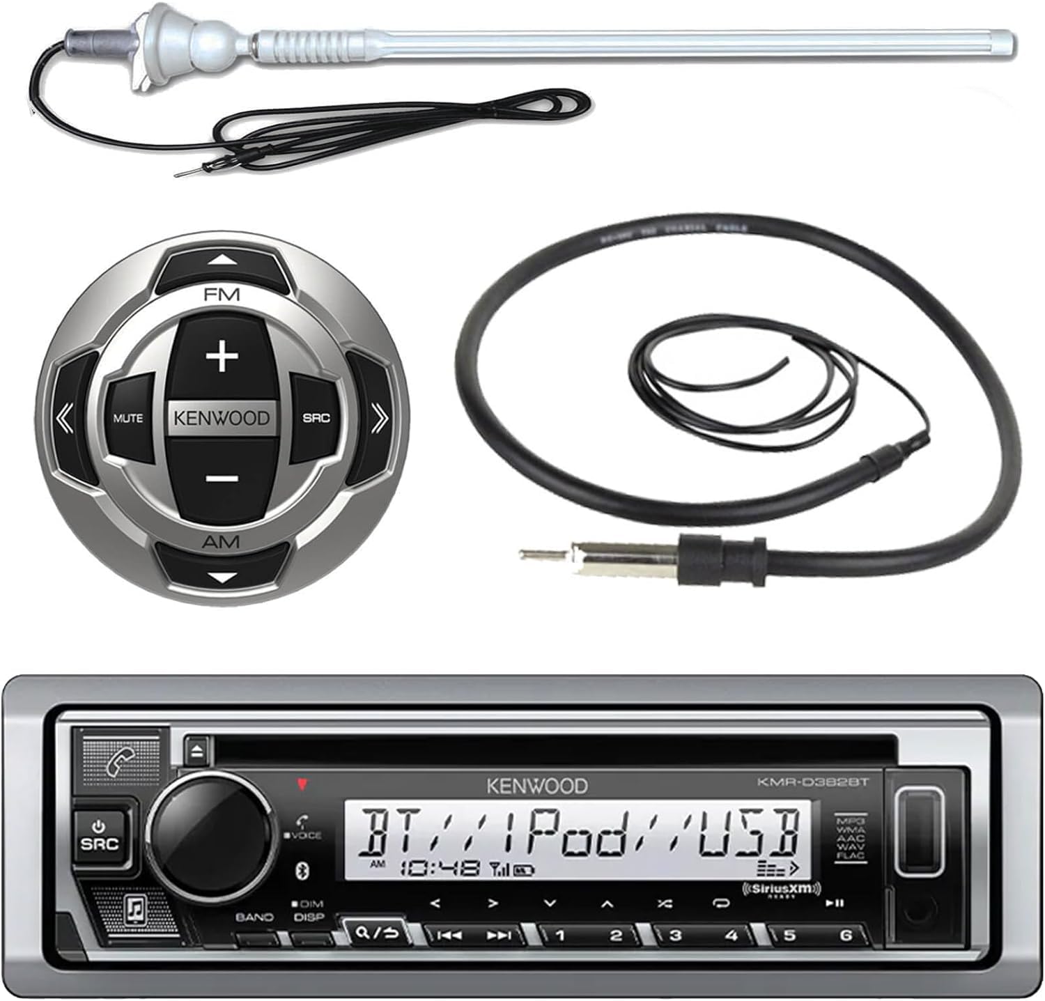 Kenwood MP3/USB/AUX Marine Boat Yacht Stereo Receiver CD Player Bundle Combo w/ RC35MR Wired Remote Control, Enrock Water Resistant 22" Radio Antenna, Outdoor Rubber Mast 45" Antenna