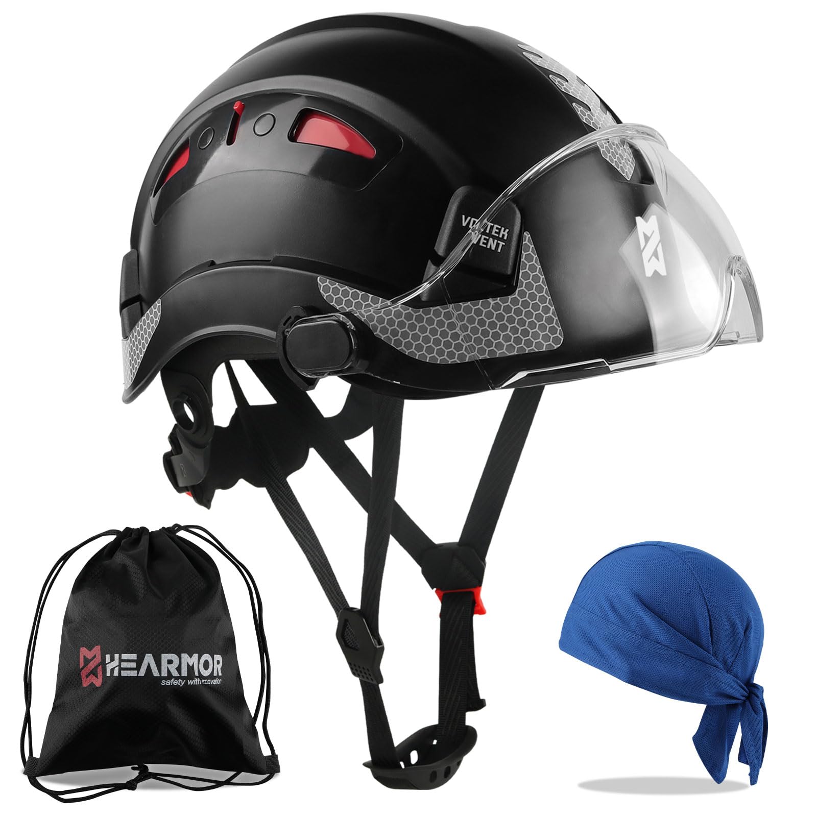HEARMOR Casque de Protection de Chantier certifié EN397 en ABS réglable avec système à cliquet à 6 Points, avec Doublure de Refroidissement et Sac de Transport – Convient pour Tous Les lieux de