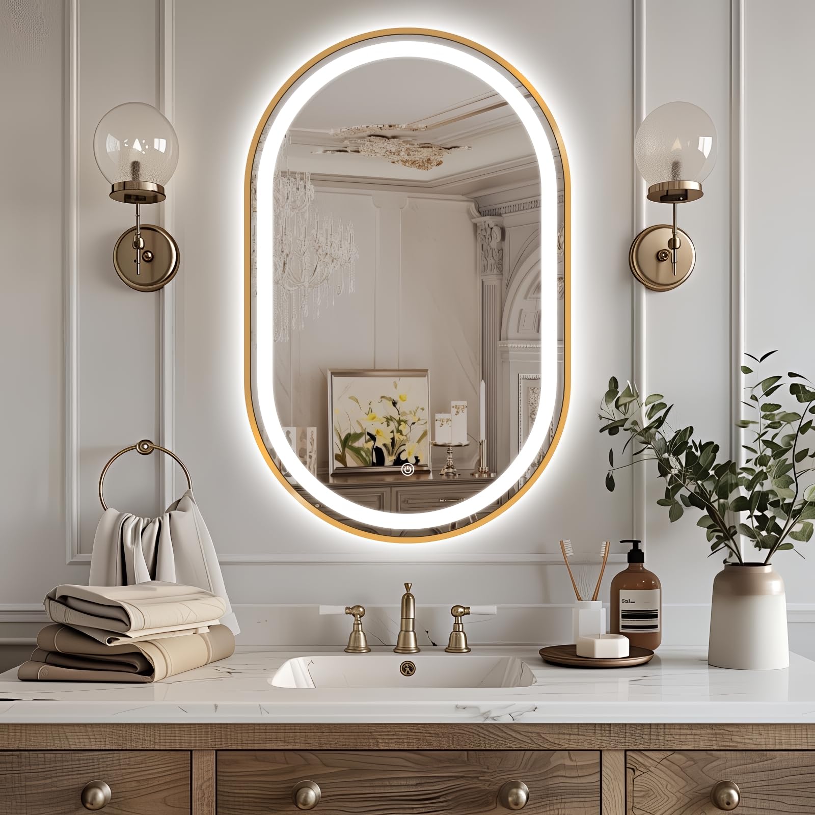 TheiaMo Specchio Da Bagno LED Ovale 83x50 Cm - Con Cornice In Metallo Oro, Anti-appannamento, Luce Regolabile 3000K-6000K, Impermeabile IP66 - 3