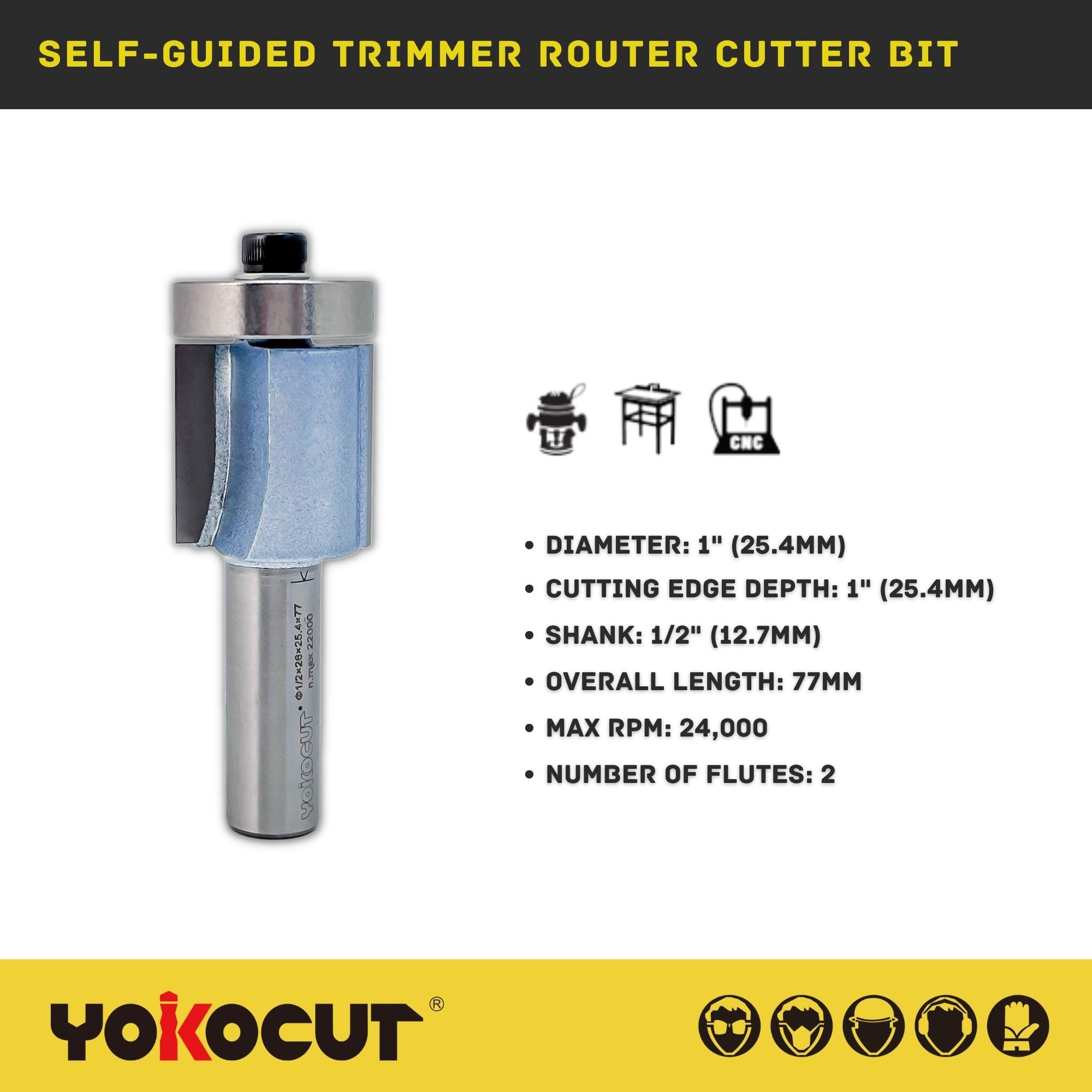 YOKOCUT Self-Guided Trimmer Router Cutter Bit, 1/2 Inch Shank, 25.4mm Cut Diameter & 25.4mm Cut Length - Image 2