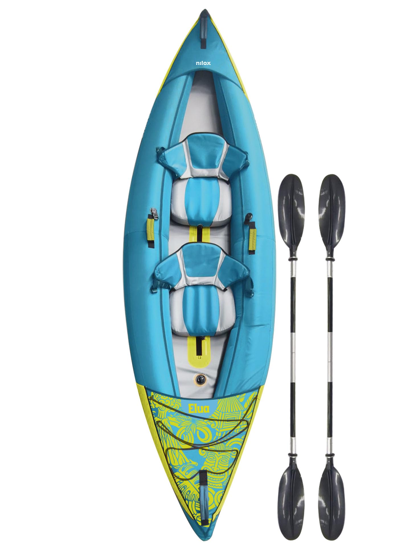 Nilox Kayak Hinchable de 2 Plazas de PVC, con 2 Remos de Aluminio, 2 Asientos, Bomba Manual y Bolsa de Transporte, Compatible con Waterscooter, Resistente 800D, Peso 14 kg, Dimensiones 340×102 cm
