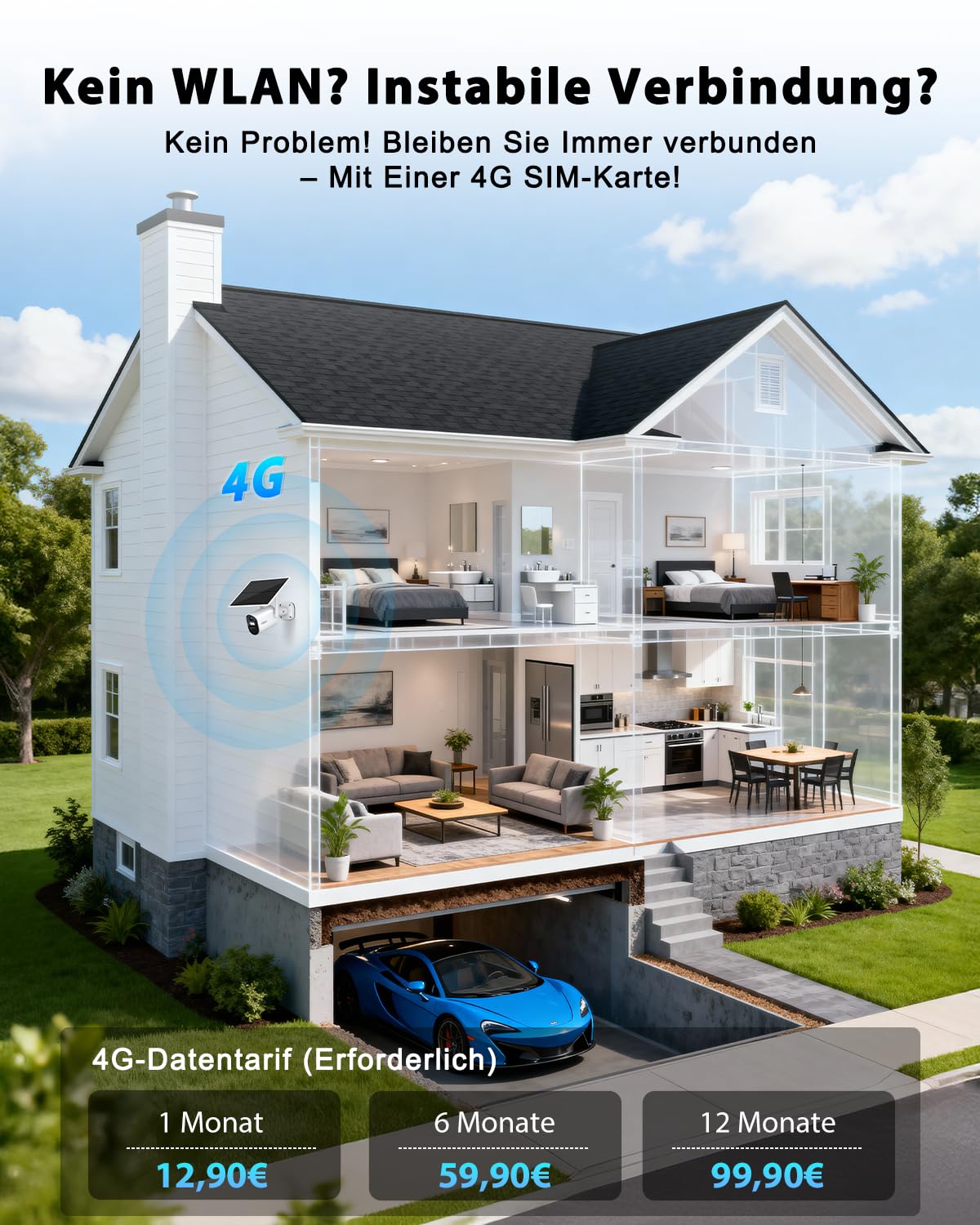 Xega 4G LTE Solar Überwachungskamera mit SIM Karte 2K Farbnachtsicht IP66
