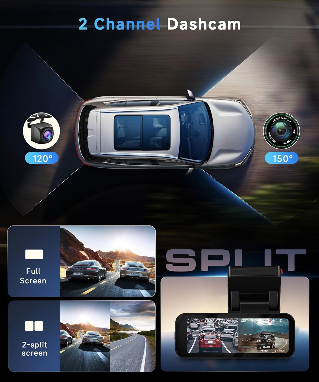 2 Channel 4K Dash Cam Front and Rear, 3.16 Inch Dash Camera Support WiFi GPS Starlight Night Vision Sensitive Motion Detection 24/7 Recording Parking Mode Monitor Reversing Help ADAS BSD LCA