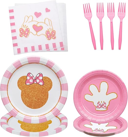 96 Pcs Minnie Tableware Set for Girl Pink Animals Theme Party Supplies With Gold Foil Decorations, Paper Plates, Napkins, Forks - Serves 24 Guests