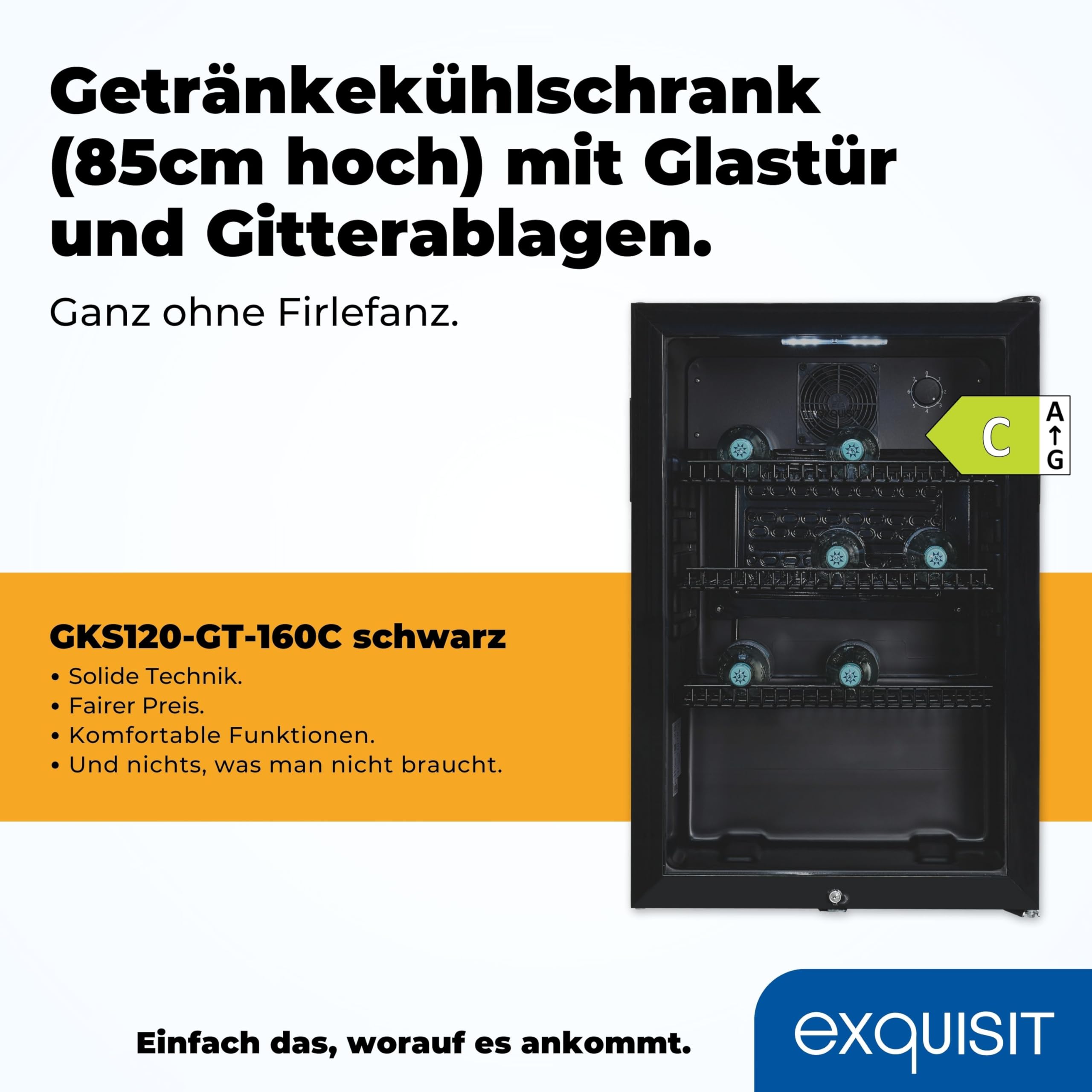 Exquisit GKS120-GT-160C Glastürkühlschrank 118L Flaschenkühlschrank Schwarz LED Umluft 3 Ablagen Schloss Kompakt Gastro-Kühlschrank