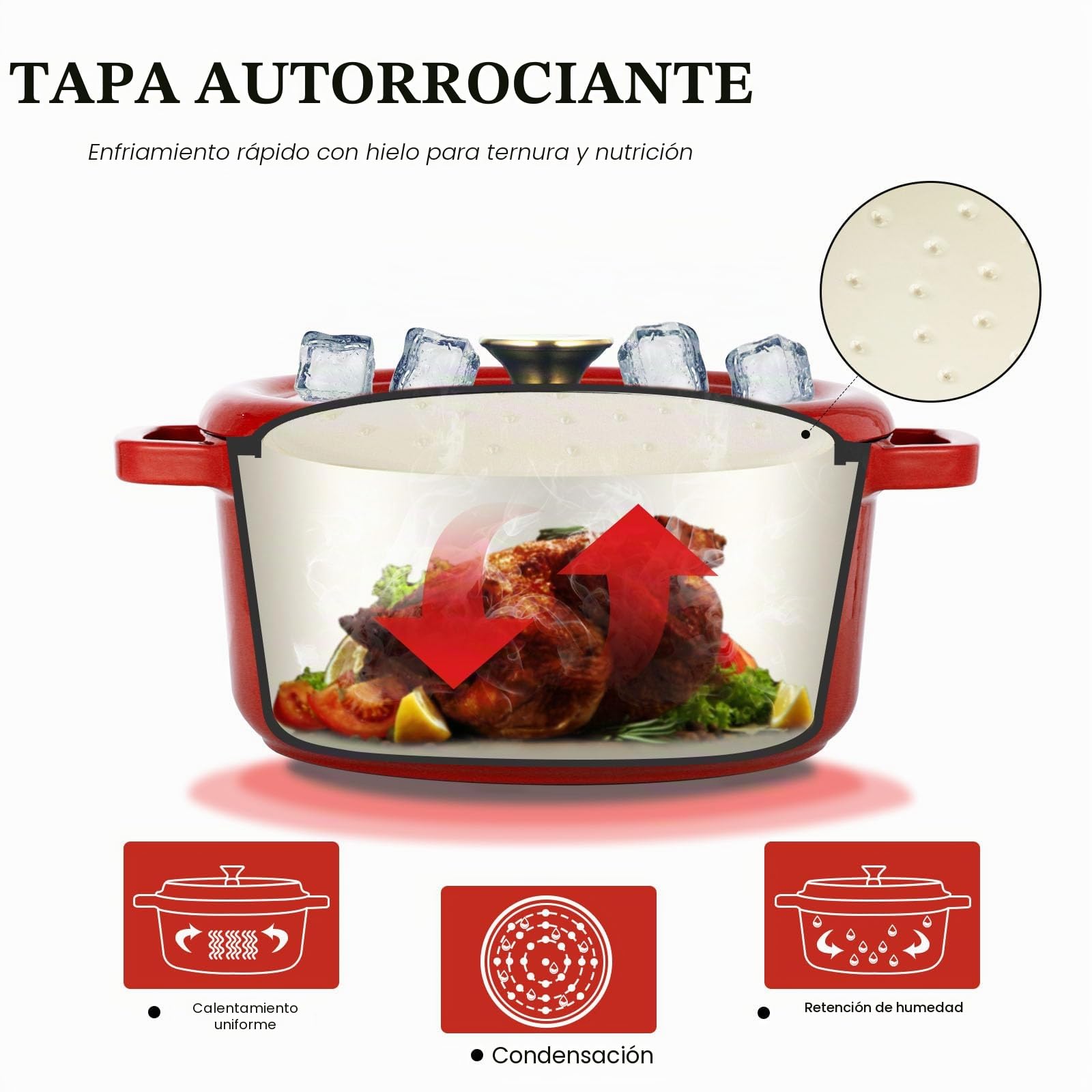 Overmont Horno holandés de hierro fundido esmaltado, olla de 5 cuartos con tapa, libro de cocina y agarraderas de algodón, utensilios de cocina resistentes para estofar, guisos, asar, hornear pan,Rojo