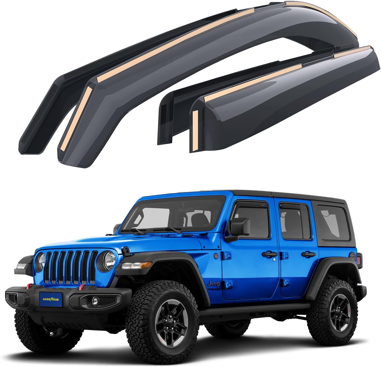 Goodyear Shatterproof in-Channel Window Deflectors for Jeep Wrangler JL 2018-2023/Jeep Gladiator 2020-2023, Rain Guards, Window Visors for Cars, Vent Deflector, Car Accessories, 4 pcs - GY003423LP