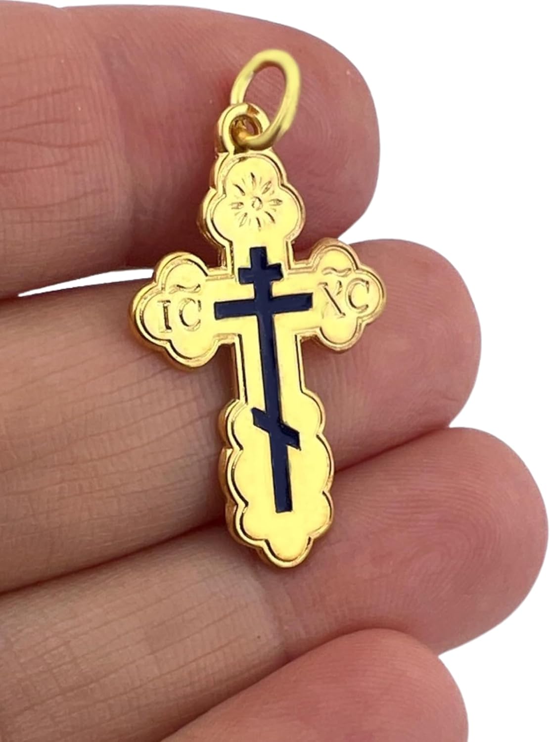 Needzo Orthodox St. Olga Cross Three Bar 925 Sterling Silver 24kt Gold Plate - Save US on The Back 1 1/4 Inch, Unisex, Comes With Tapestry Pouch