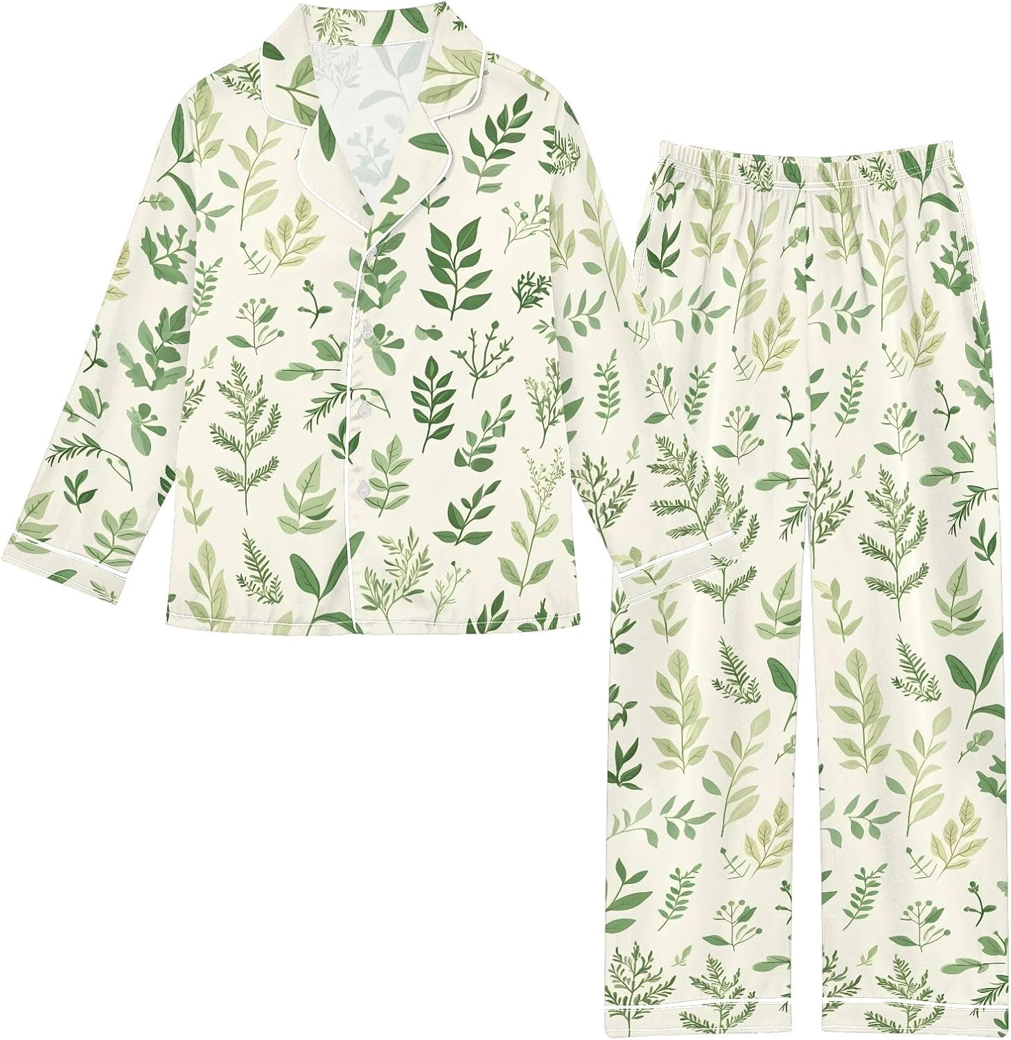 Kids Casual Satin Wear Set Herbs Light Yellow Background Pattern Unisex Relaxed Fit Clothing