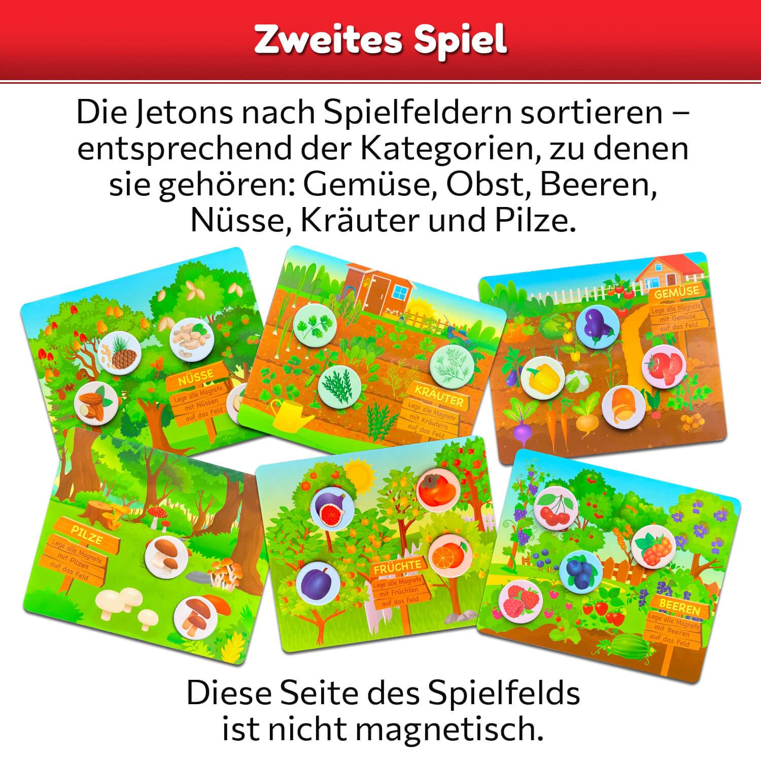 MAGNIKON Jeu de bingo pour enfants à partir de 3 ans, apprendre les couleurs, jeu de mémoire de loto, 72 aimants, 6 terrains de jeu double face, loto d'images, fruits et légumes, jeu éducatif à partir