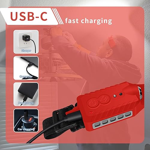 Miniatura 6 de Linterna frontal LED recargable (rojo), 400 lúmenes, haz ancho de 230, USB-C, IPX4, 5 modos, ligero, diadema ajustable clips para casco duro para