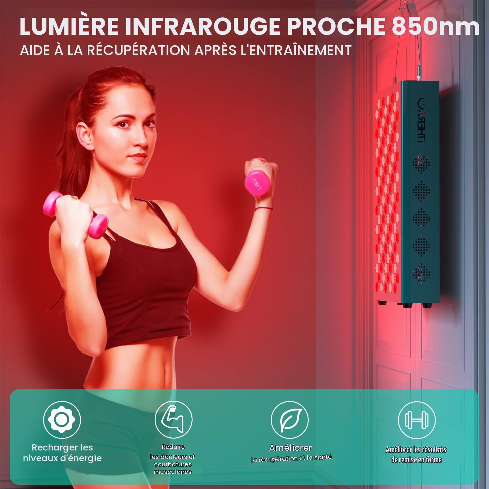 i THERAU Lampe Infrarouge Lumière Rouge Thérapie, 100-LEDs 500W 660nm&850nm Lampe Luminothérapie Chauffante avec Minuteur, Red Light Therapy Panel pour la Rajeunissement Soulager la Douleur