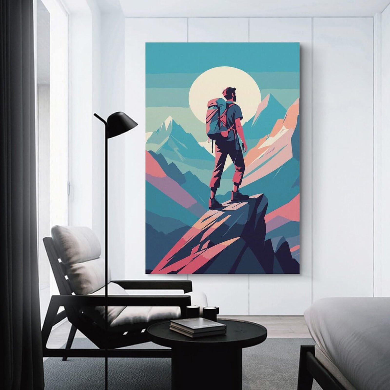 Junmoney Hiker on Mountain Peak Illustration Room Decor Wall Art, 08x12inch(20x30cm), for Office, Study Or Home Workspace, A Smart Decor Choice for Study Walls