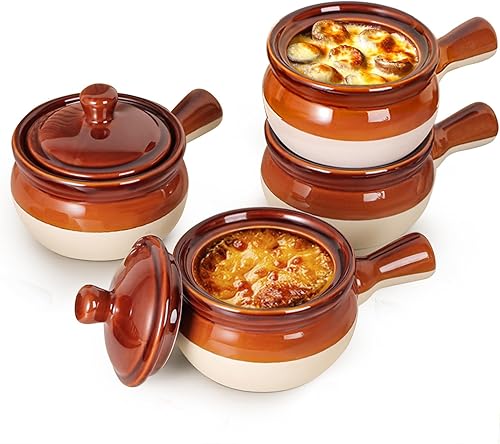 Livver - Juego de 4 cuencos de cerámica, con capacidad para 18oz con asas y tapas, para sopa, guiso, chile