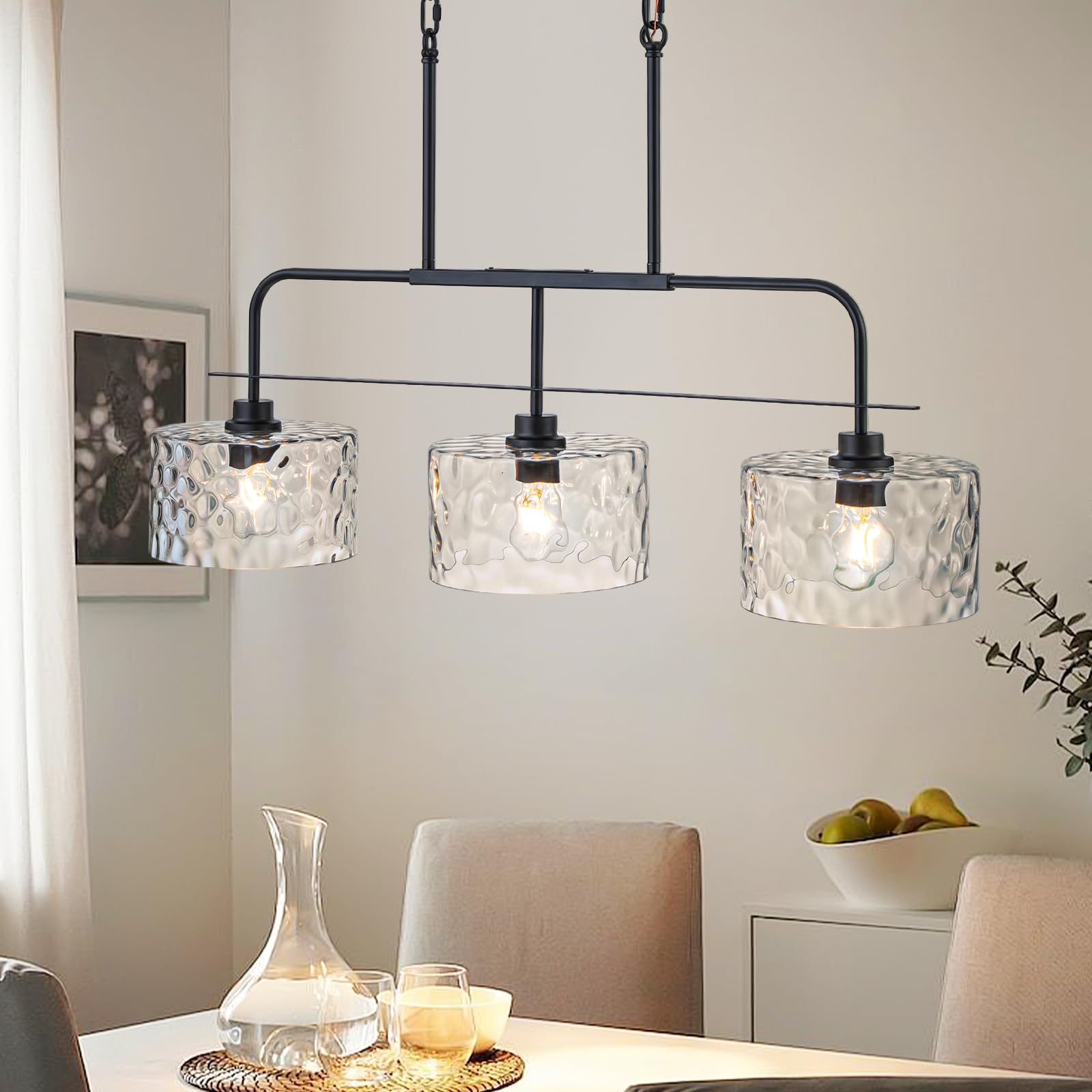 Condition photo showing New/Like New for 36" Linear Chandelier with Clear Rippled Glass Shades 3-Light Black Linear Pendant Light, Industrial Hanging Chandelier for Kitchen Island, Dining Room, Living Room, Pool Table