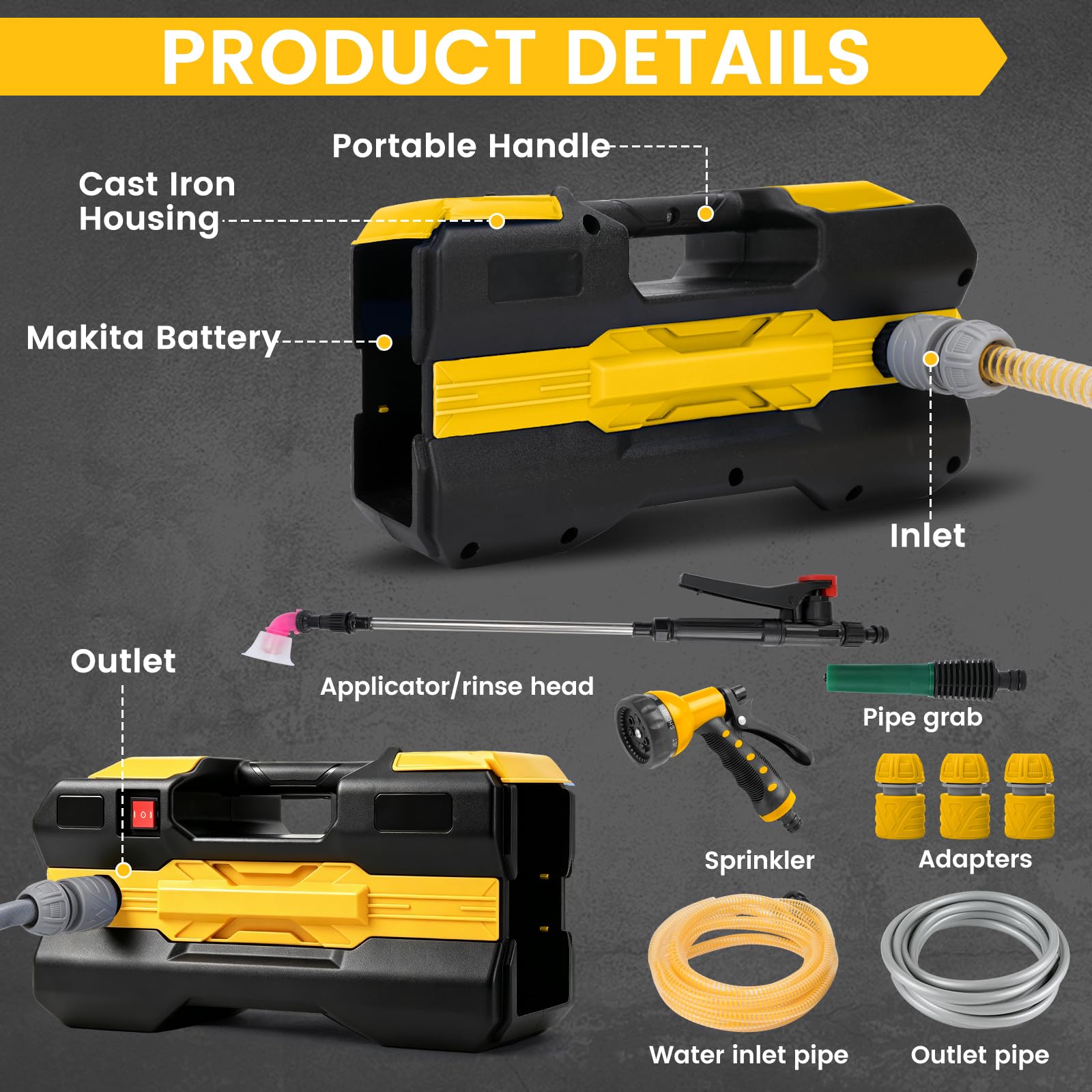 Pompe à eau, compatible avec Makita 18 V batterie | pompe auto-aspirante portable sans fil pour piscine de jardin, bassins, aquariums (outil uniquement, pas de batterie)