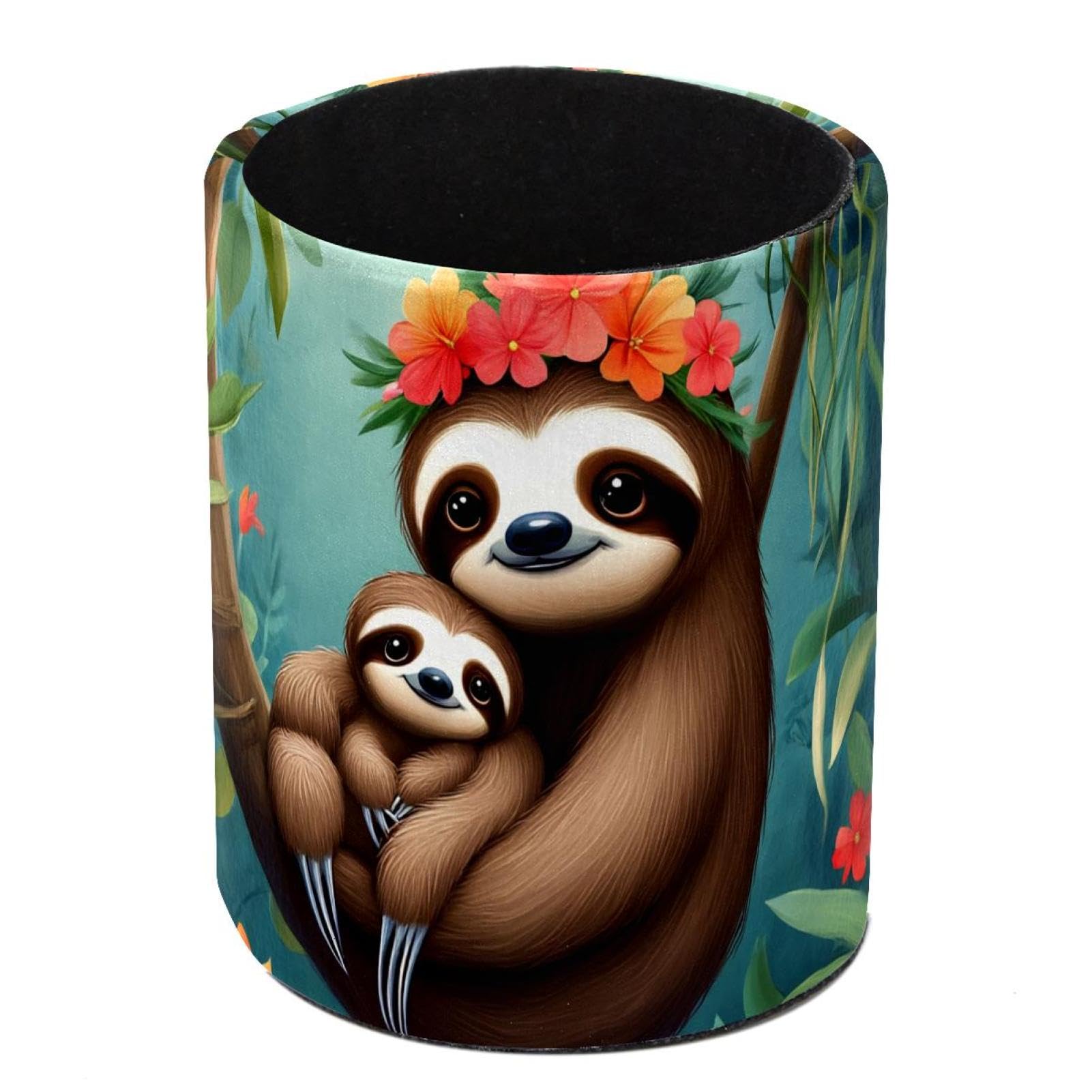 HEOEH Tropical Sloth Mom Baby Pen Holder for Desk, PU Leather Pencil Holder Pen Cup Marker Holder Makeup Brush Holders, Desk Accessories & Workspace Organizers for Home, Office