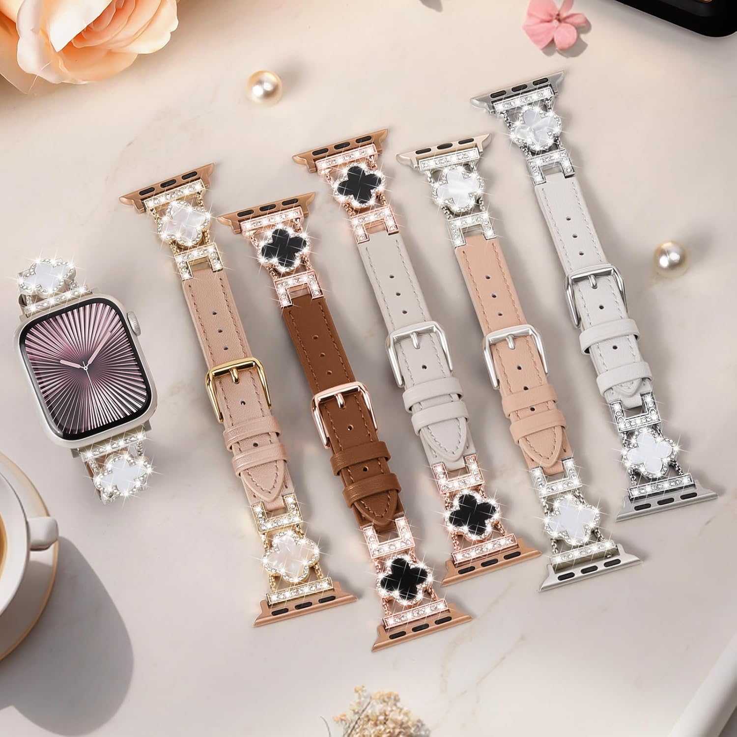 SOLOLUP Leather Band Compatible with Apple Watch Bands for Women 42mm 44mm 45mm 46mm 49mm,Dressy Slim Thin Cute Bracelet with Bling Buckle Metal Link Chain for iWatch 11 10 9 8 7 6 5 4 3 SE Ultra 3/2 - Image 5