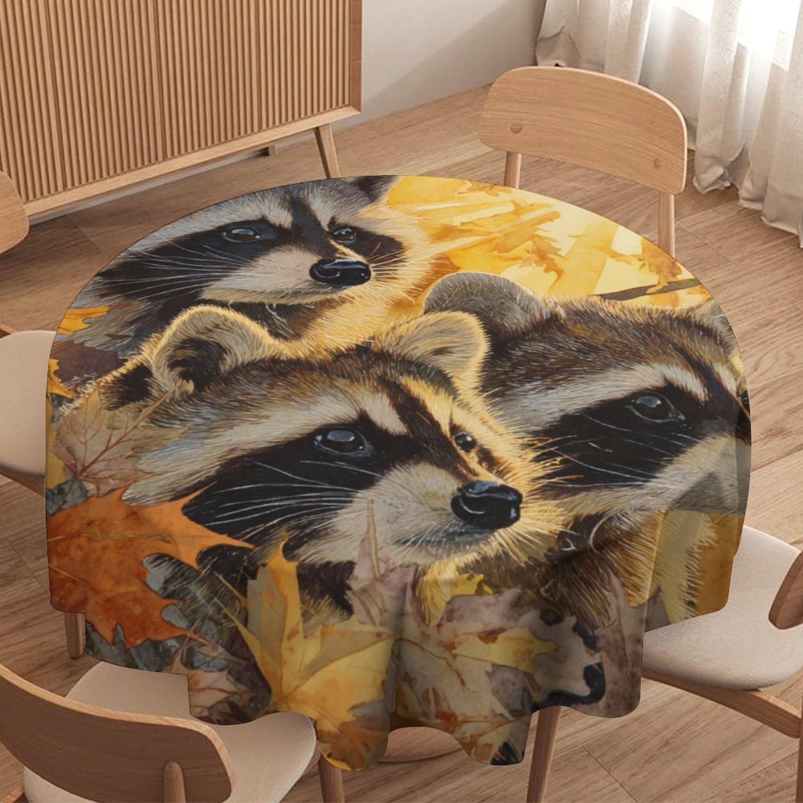 LUYYSKY Beautiful Funny Cute Raccoons Waterproof Round Tablecloth Retro Watercolor Autumn Plant Maple Trees Animals Raccoon Washable Table Cover for Kitchen-60 Wx60 L