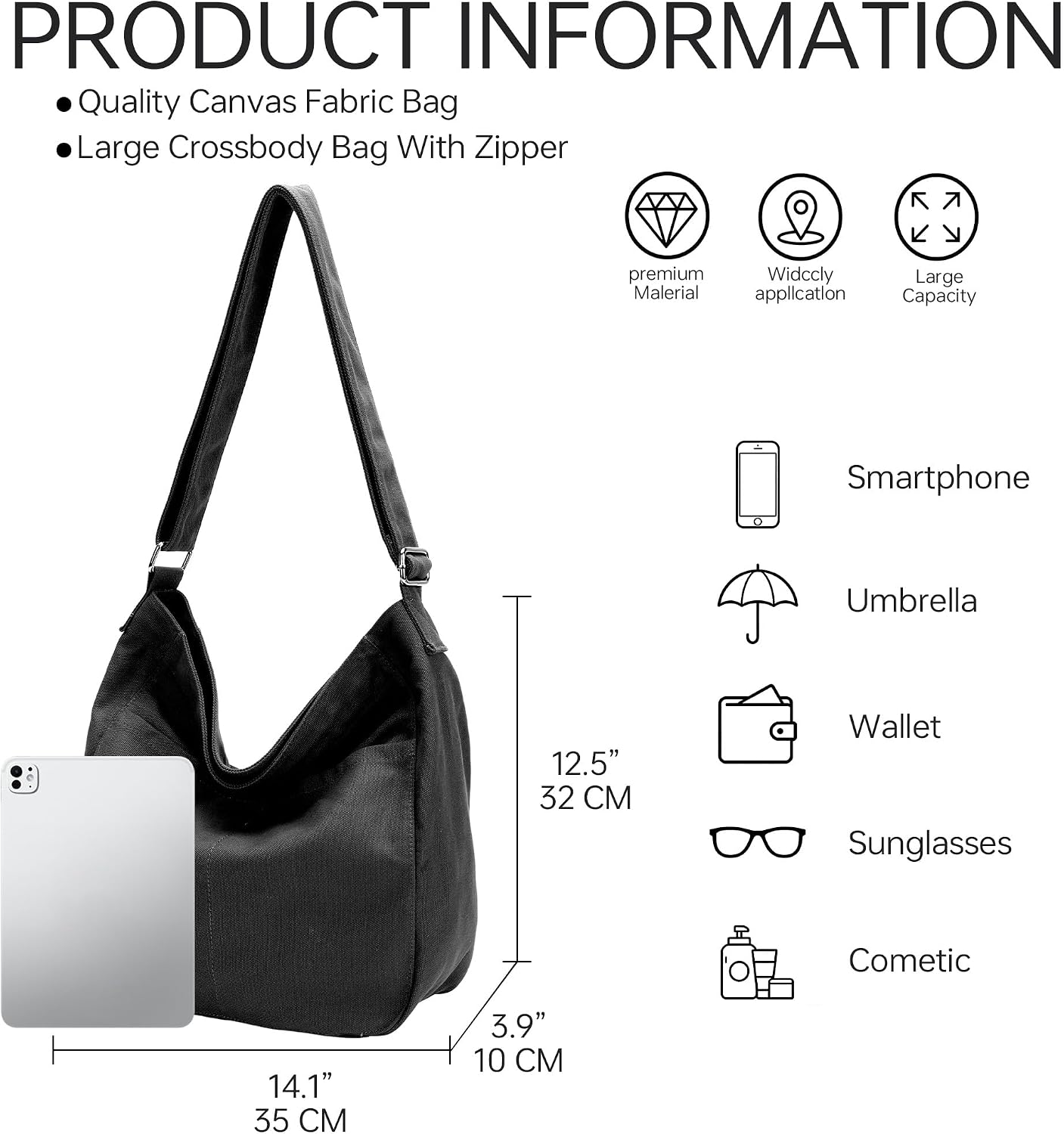 GEMIU Canvas Hobo Bags for Women and Men Large Crossbody Tote Bags with Muti-Pockets and Zipper Travel Work Black