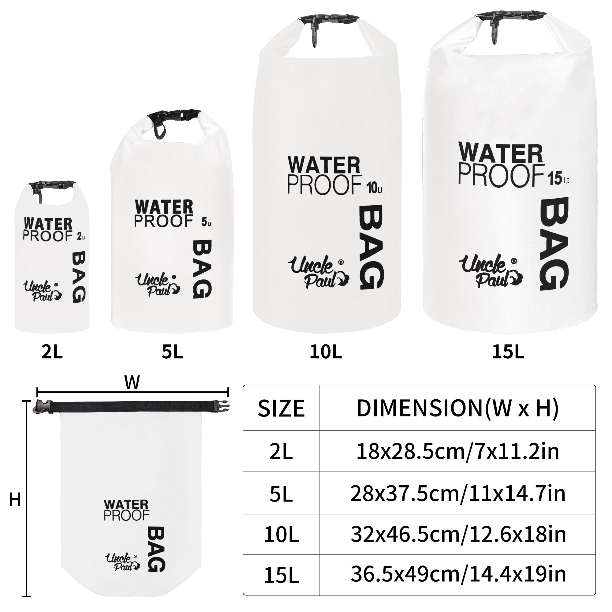 Uncle Paul Boat Dry Bags - Belongings Protection Waterproof Bag for Outdoor Drifting Boating Kayaking Fishing Rafting Swimming Camping Canoeing Surfing Pure White 2 Literes(0.4 UK gal) - Image 2