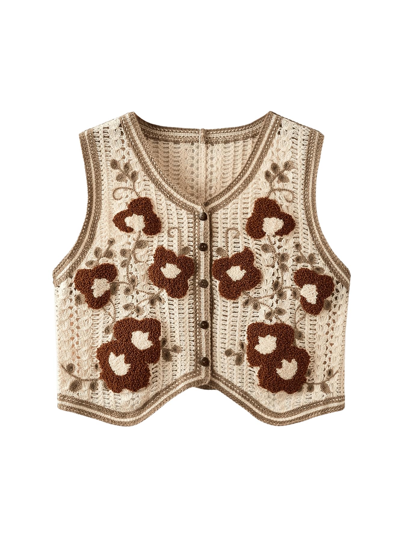 verdusa Women's Sweater Vest Button Front V Neck Sleeveless Crochet Plaid Checkered Knit Sweater Vest-picture-42