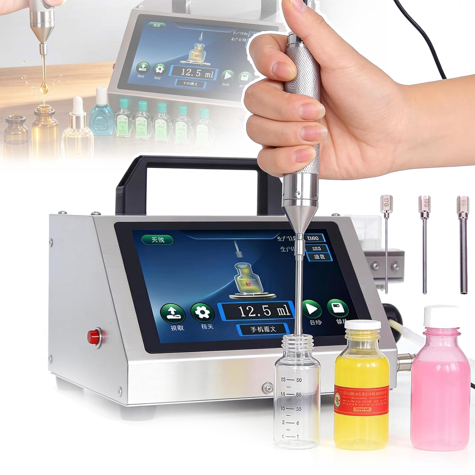 Ręczna maszyna do napełniania płynem, z 3 głowicami (1,5/2,4/4 mm), precyzyjną dyszą igłową i sterowaniem LCD, maksymalny przepływ: 140 ml/min, do olejków eterycznych i perfum,Hd1380