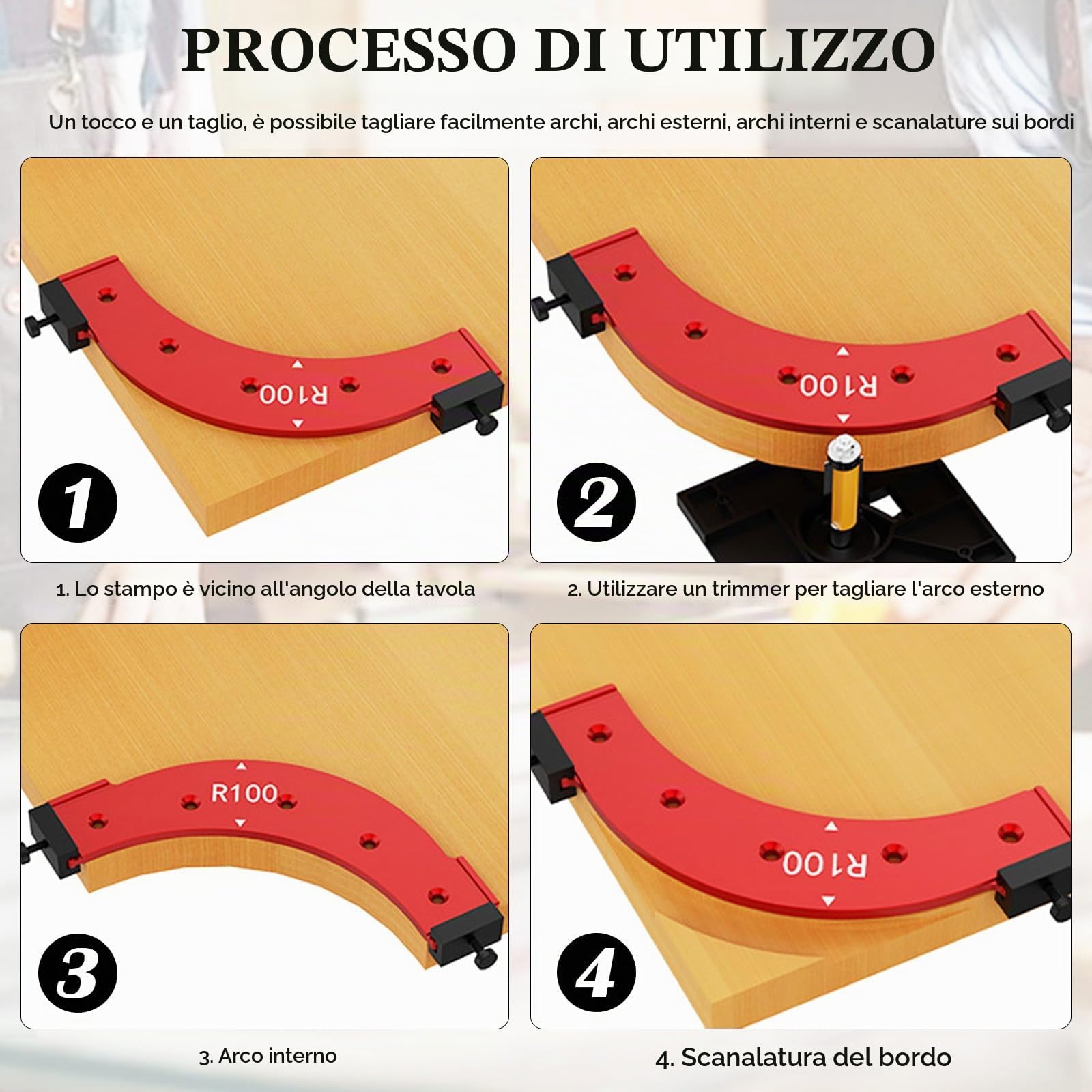 4 Pezzi Raggio Jig Router Templates, Raggio Jig Router Templates, Ausiliario Per Taglio Ad Arco Per Tavola Di Legno In Lega Di Alluminio, Strumento Di Posizionamento Del Bordo Dell'arco