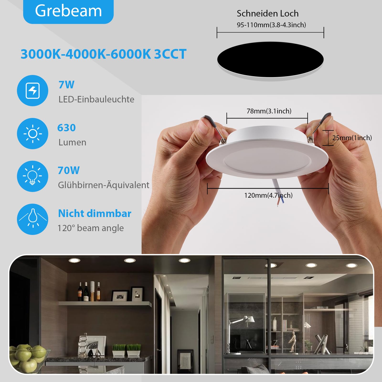 20 Stück LED Einbaustrahler 230V IP44 7W 3CCT 630lm Ausschnitt Ø95-110mm | Grebeam LED Einbaustrahler 110mm Ultra Slim Einbautiefe 30mm Warmweiß/Neutralweiß/Kaltweiß für Badezimmer Schlafzimmer