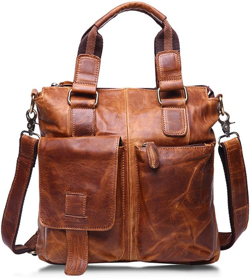Men's Multi-Pocket Vintage Crazy-Horse Leather Business Shoulder Handbag Messenger Satchel Crossbody Briefcase Laptop Macbook Bag Light Brown 11.81"