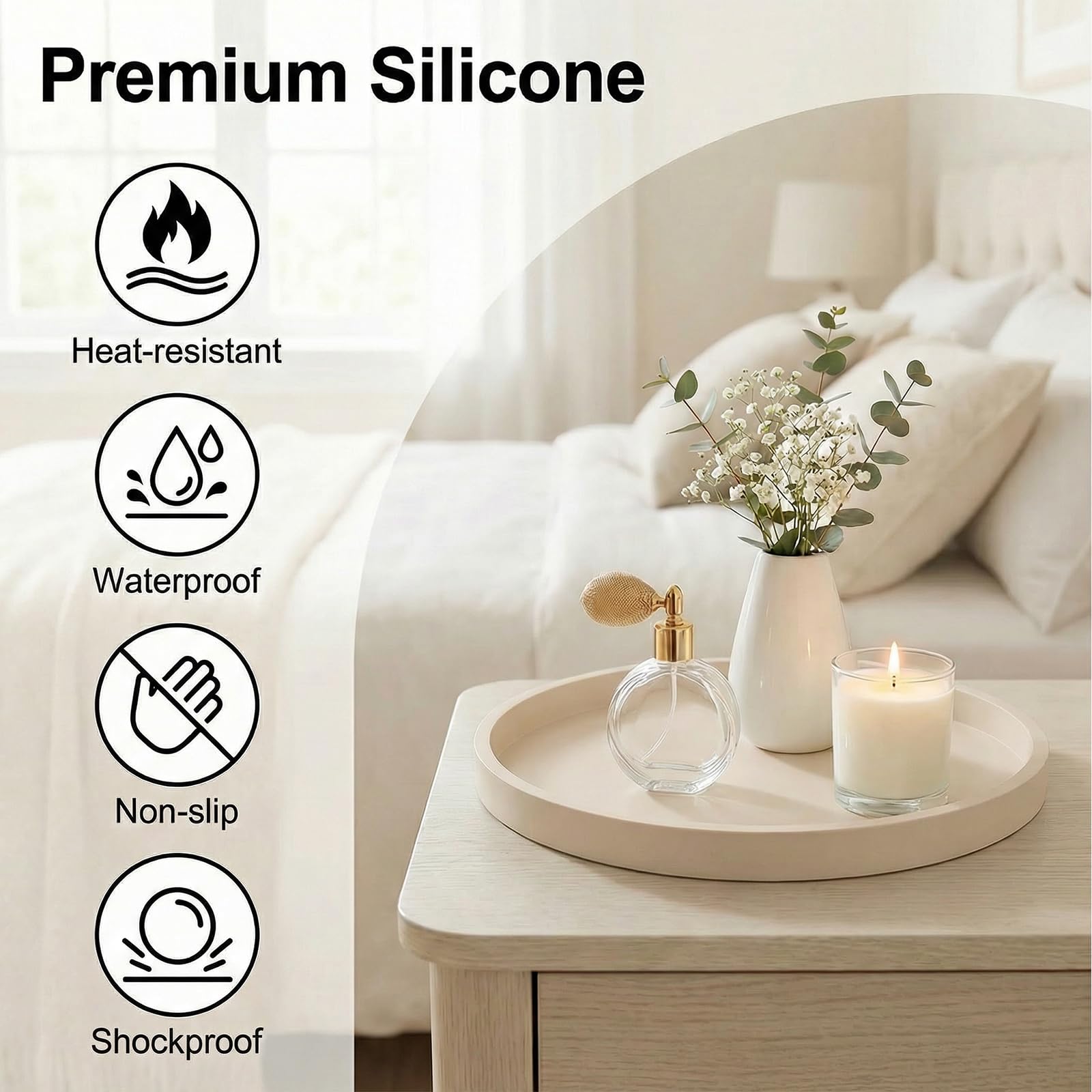 Dekorative Silikontablett, rundes Tablett mit 27 cm Durchmesser, Kosmetiktablett, rutschfest, leicht zu reinigen und bruchsicher, geeignet für Schlafzimmer, Wohnzimmer, Badezimmer (Beige) - 3
