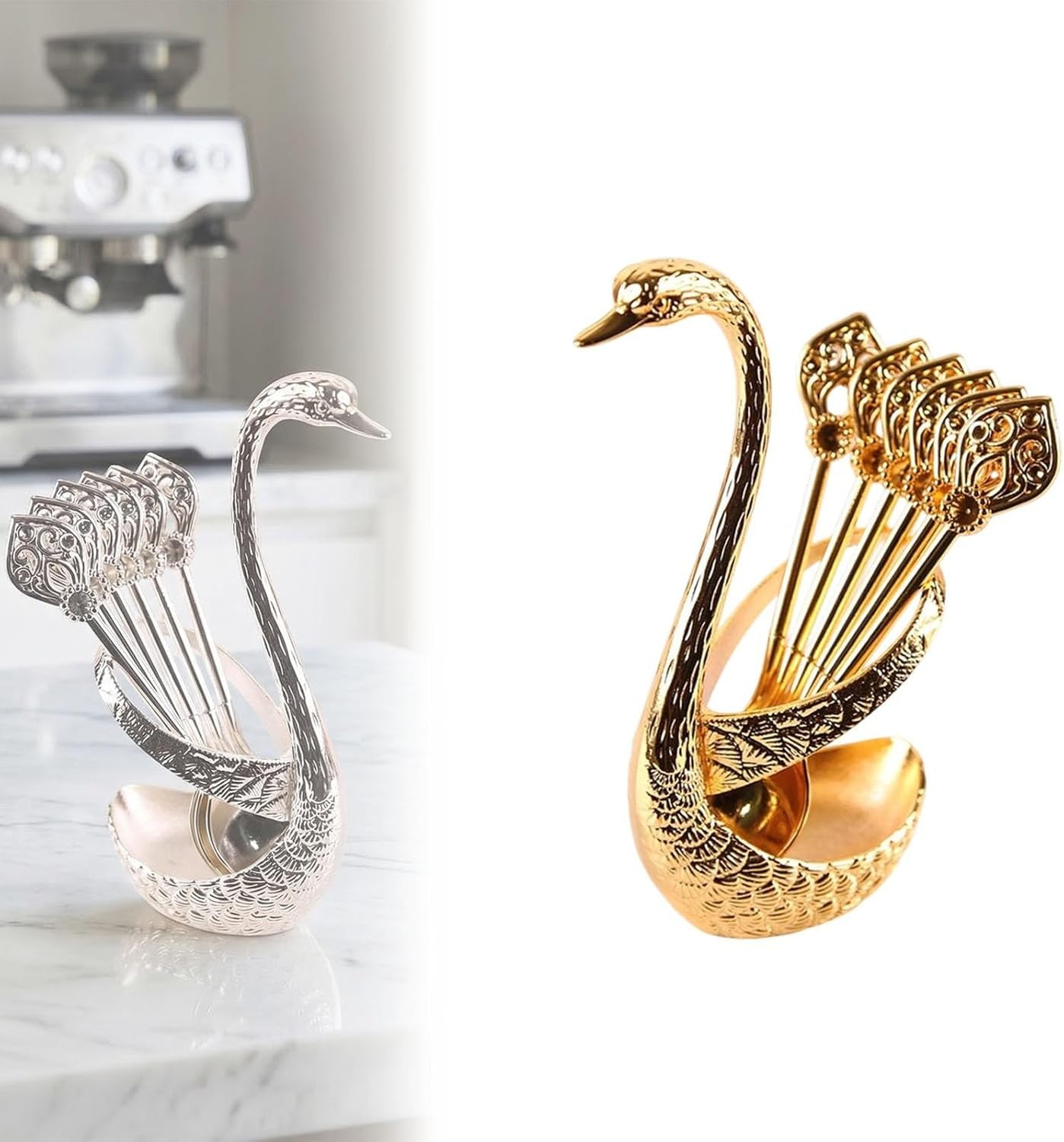 XIUNYIE Creative Swan Shape Coffee Stirring Spoon Set with Holder Stand, Elegant Functional Dessert Spoons for Cafe Home Wedding Party Kitchen Decoration Gift for Coffe, #A