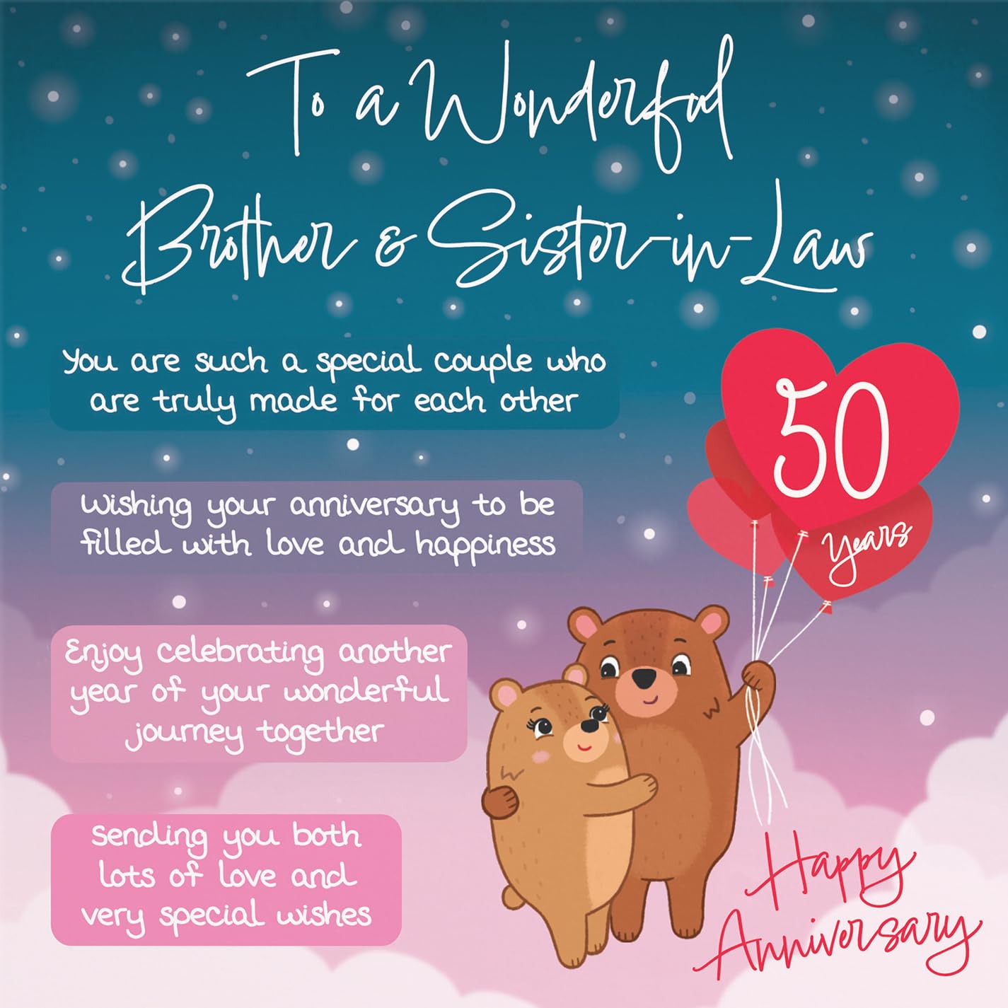 Hunts England, Brother And Sister In Law 50th Anniversary Card, Starry Night, Cute Bears - Image 2