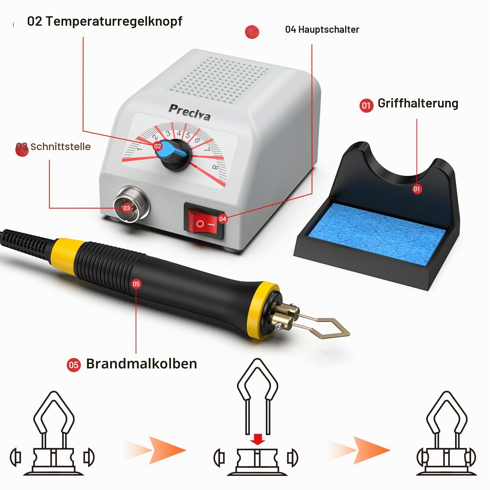 Brandmalstation, Preciva Brandmalerei Set Bastelset Lötstation Lötkolben Set Brennkolben 25W mit 30tlg Lötspitzen, einstellbare Temperatur 200℃ - 800 ℃ Holzbrennstation, Brandmalkolben für Holz, Leder